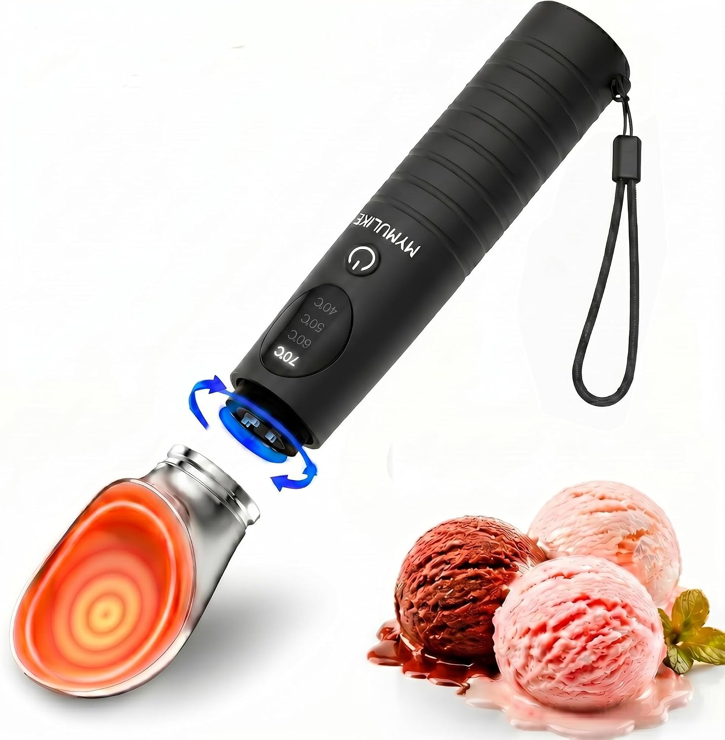 MYMULIKE Beheizbarer Eisportionierer, Wiederaufladbarer Edelstahl Einstellbar Eiskugelportionierer 4 Temperaturen(40-70℃), 2500 mAh Wiederaufladbarer Schnellheizender Eisportionierer für Gelato