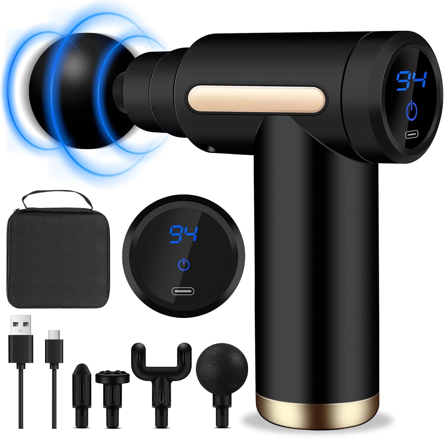 AQXONG Mini Muskelmassagepistole, Tragbares Elektrisches Massagegerät mit LCD Display, Ultraleise Massagepistole 45DB, 6 Geschwindigkeiten, 4 Massageköpfe, Wiederaufladbare Massagepistole