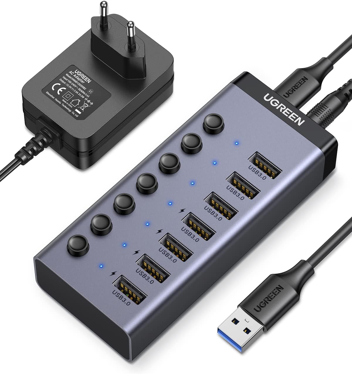 UGREEN USB Hub 7 Port mit Unabhängigem Schalter und 24W Netzteil (12V/ 2A) USB Hub 3.0 Aktiver zur Ladung und Datenübertragug Aluminiumgehäuse kompatibel mit MacBook, Surface Pro7 und Anderen Laptops