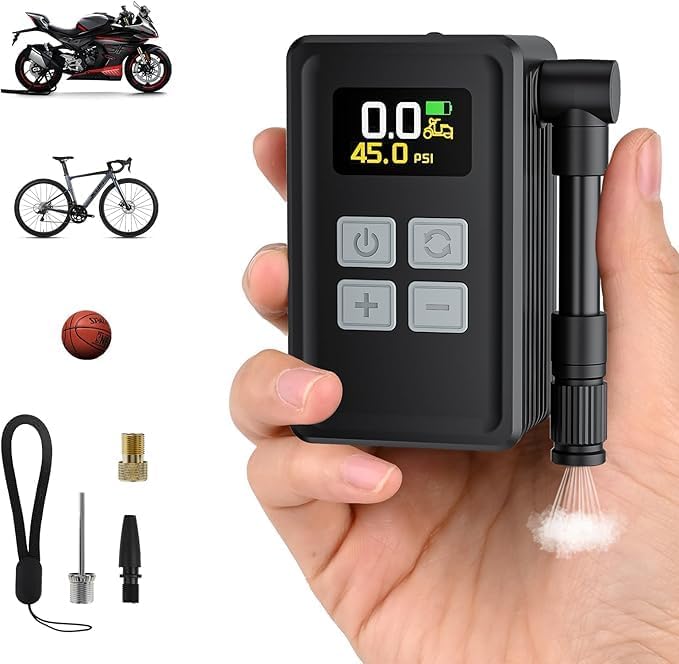 Mini Fahrradpumpe Elektrisch, 150 PSI Kabellose Fahrradpumpe mit Manometer, Elektrische Fahrradluftpumpe, Auto Stop, Tragbare Akku Luftpumpe Fahrrad, LED-Licht, für Rennrad, Motorrad, Bälle