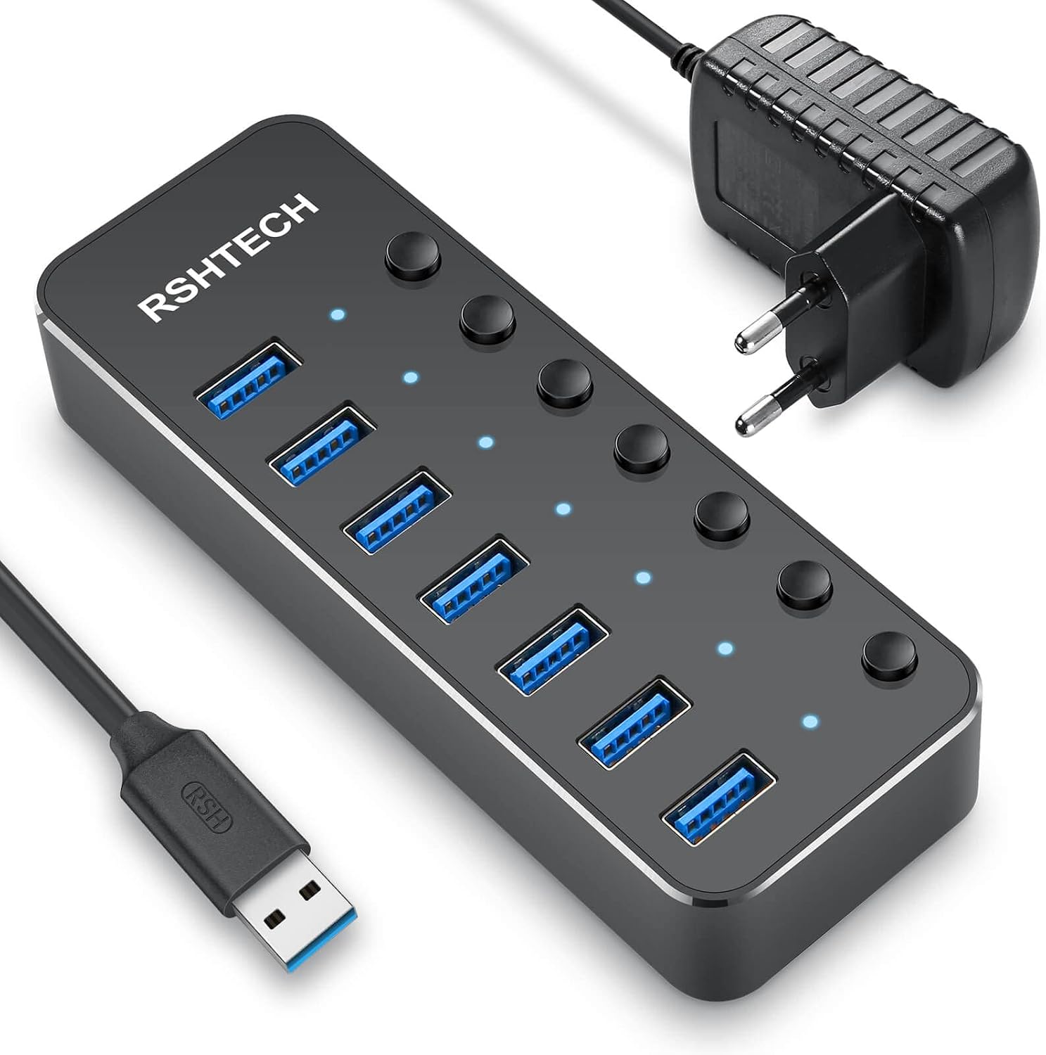 RSHTECH 4 Port USB Hub Aktiv 3.0 mit Netzteil & Einzelne Schalter, RSH-516