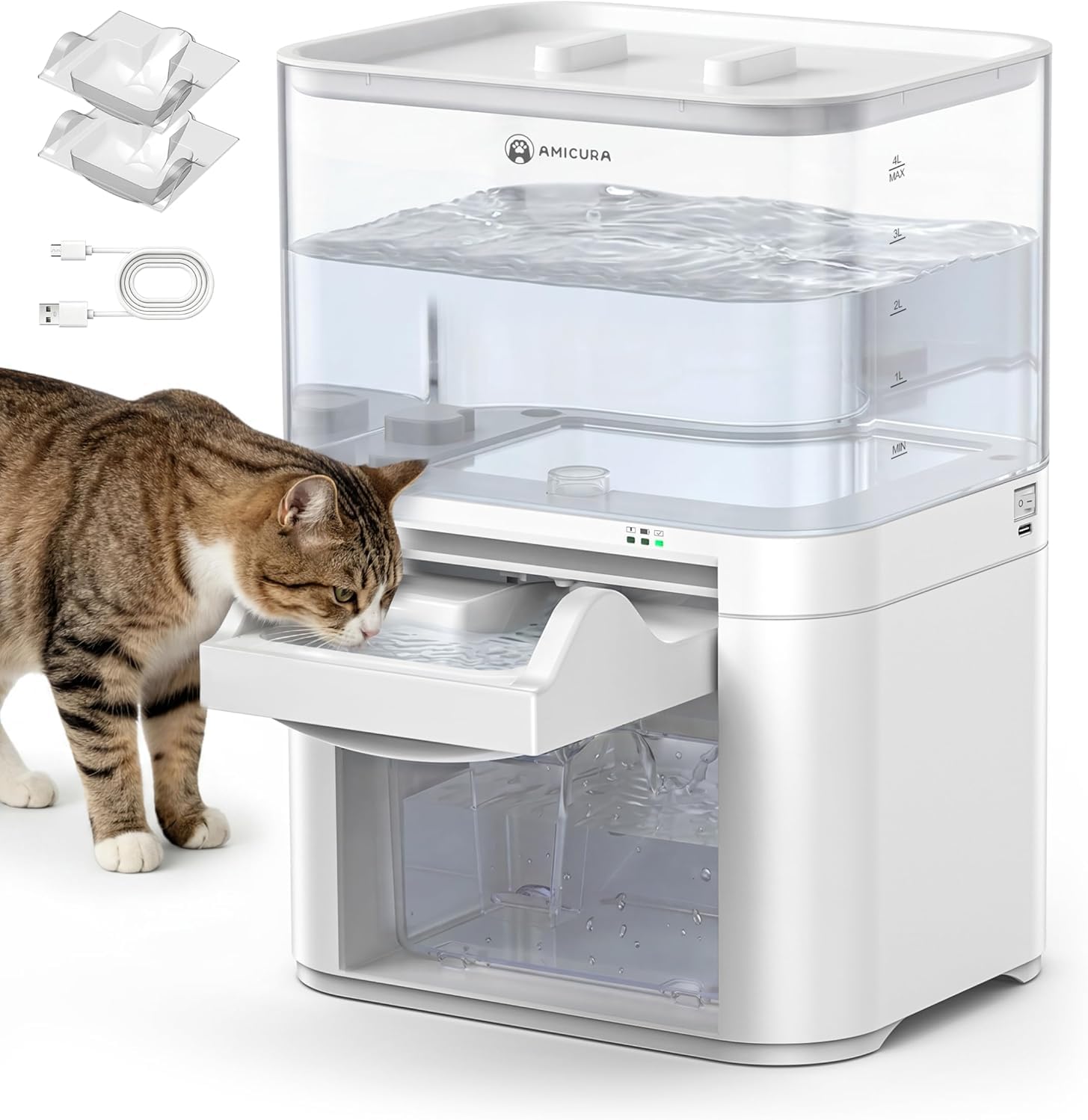 Katzenbrunnen mit Abwasserseparation & ohne Filterwatte, Haustierwasserautomat mit 4000mAh & 4L Großtank, Kabelloser Automatischer Wasserbrunnen für Katzen im Innenbereich Katzentrinkzubehör