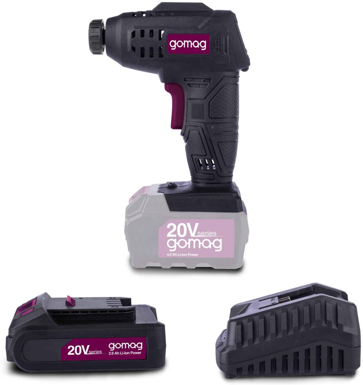 Gomag Akku-Handkompressor GO-LP20 Set S 20V | Arbeitsdruck 7 bar | LCD-Display & LED | Auto-Shut-Off | inkl. 2Ah Akku & 2,4A Ladegerät, sowie umfangreiches Zubehör
