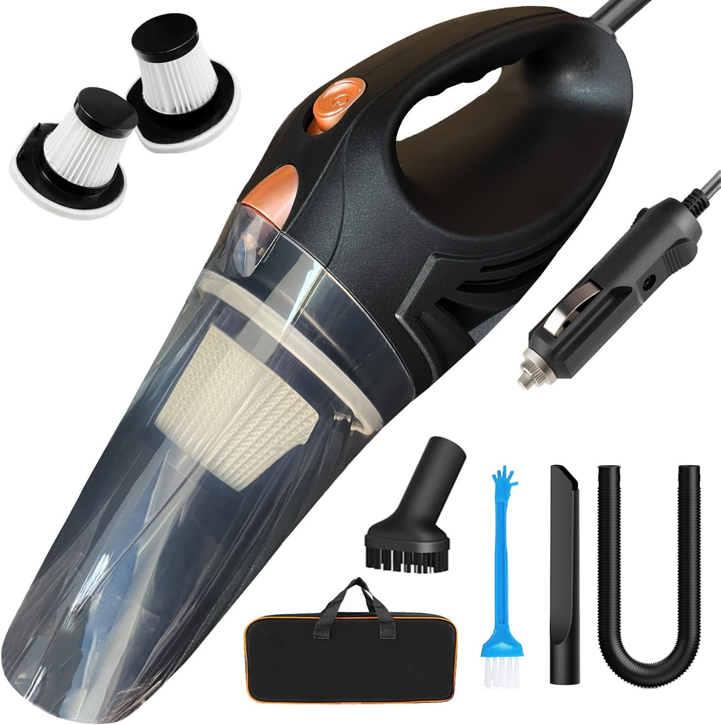 Handstaubsauger für Auto mit HEPA & waschbarem Filter, 4,9m Kabel, 106W – Tragbarer 12V Staubsauger mit Zubehör für Innenreinigung, Asche und Haare (schwarz)