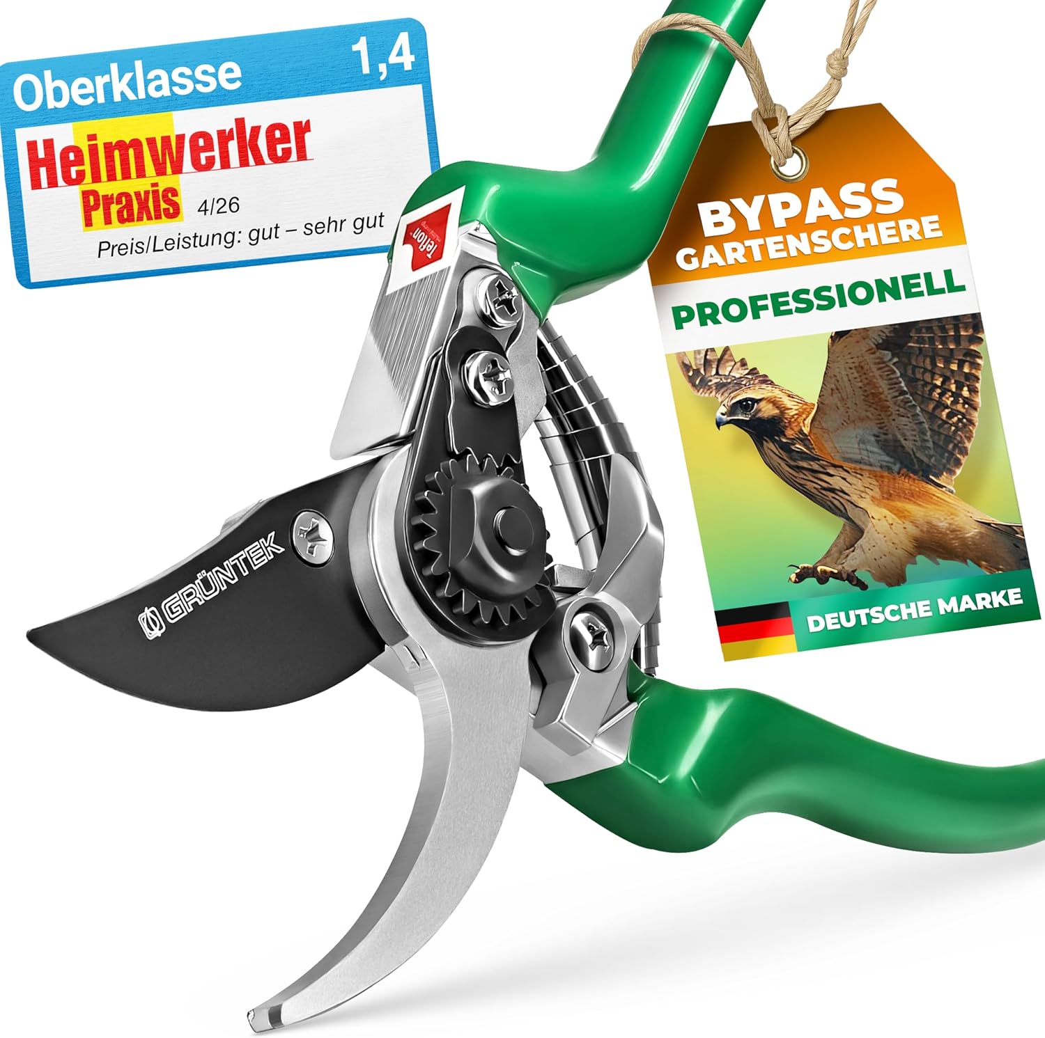 GRÜNTEK FALKE Bypass-Gartenschere, Profi-Baumschere, Klinge aus japanischem SK5 Stahl, Bypass Pflanzenschere 215 mm Secateurs, Ergonomische Garten-Pflanzen-Blumenschere