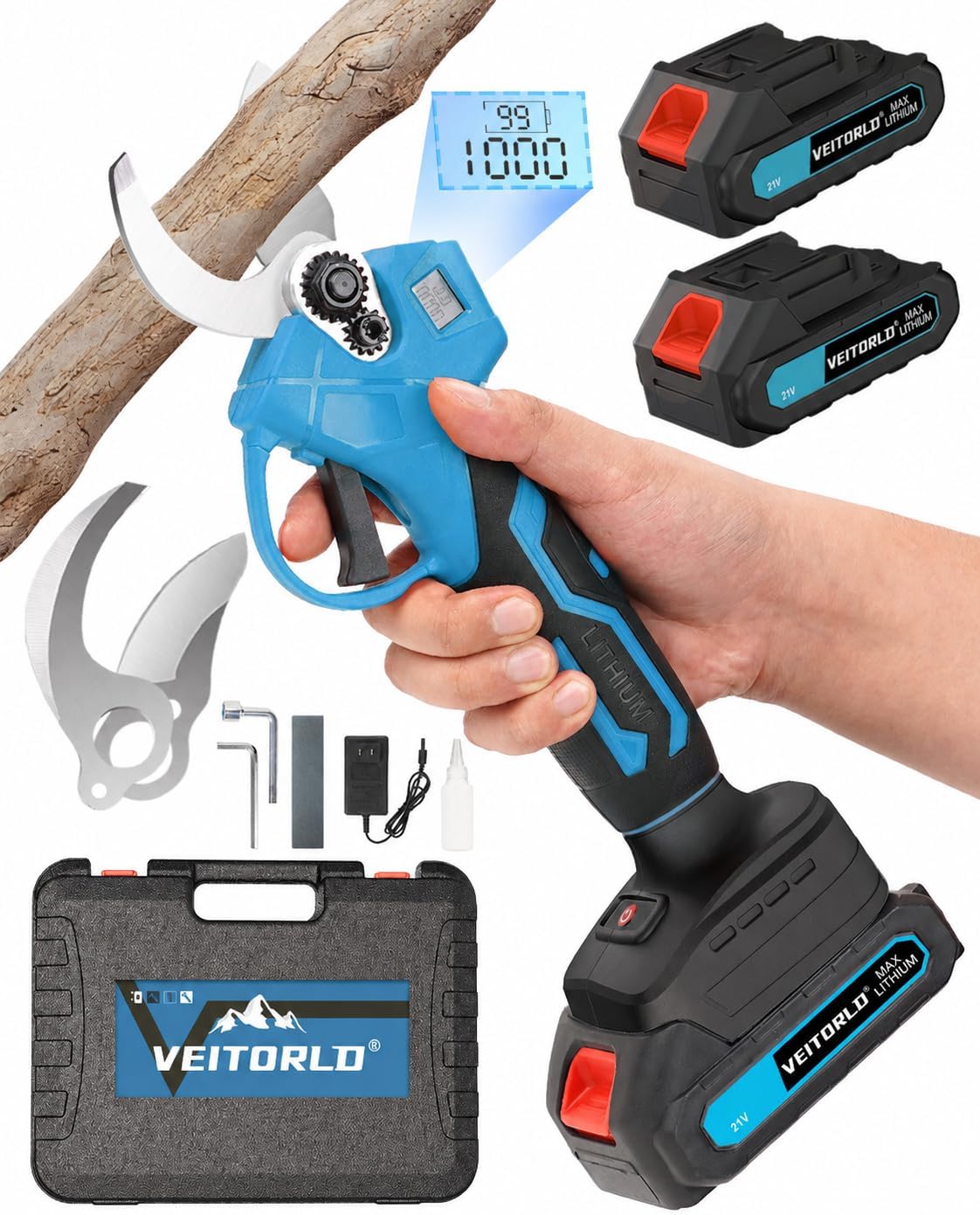 Veitorld Akku Astschere, 35mm Akku Gartenschere mit 2x 2000mAh Batteries