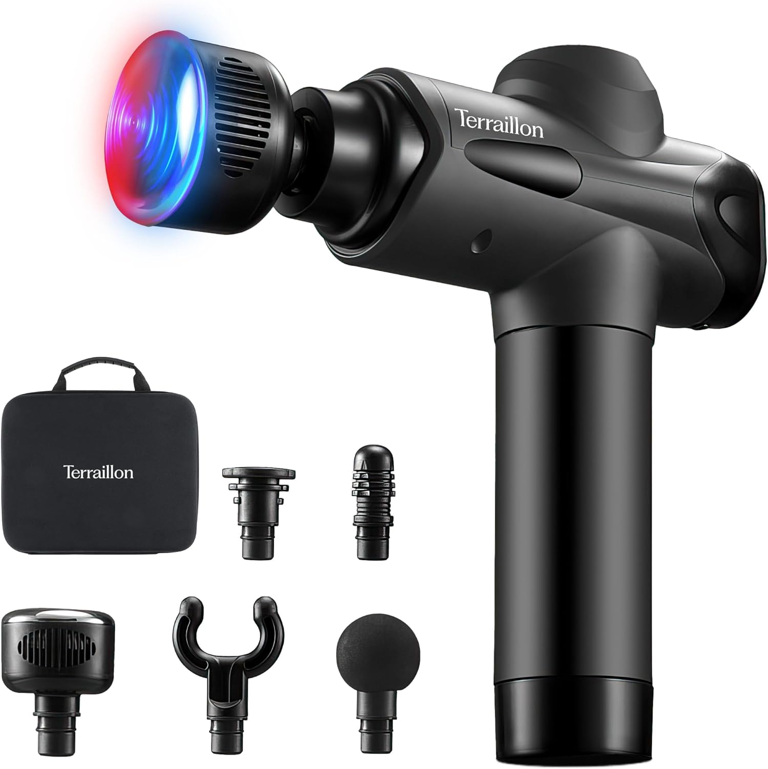 TERRAILLON - GUN MASSAGER EXPERT - Multizonen-Massagepistole, 20 Geschwindigkeiten 2800-3200 RPM, Digitalanzeige, Integrierter Timer, 5 Silikonaufsätze, davon 1 warm-kalt, USB-C, inkl. Etui, Schwarz