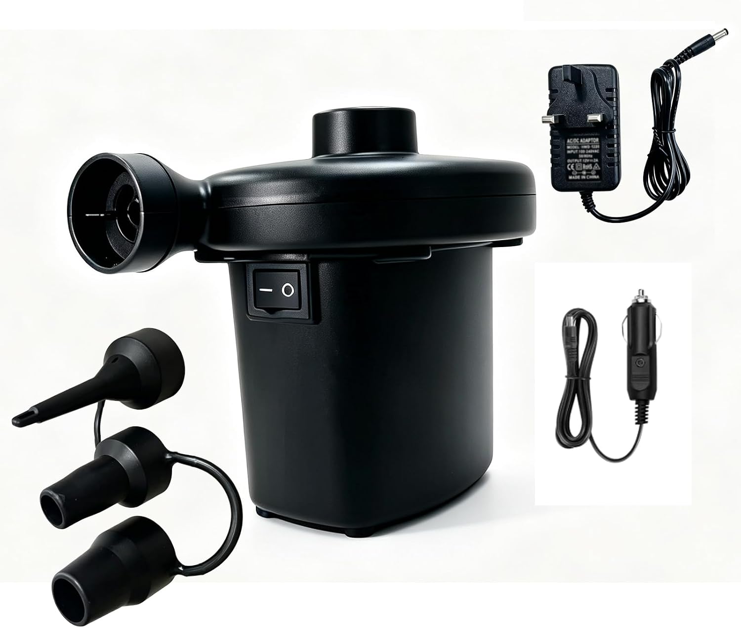 Elektrische Luftpumpe für aufblasbare Artikel - 3 Düsen, Dual-Stromversorgung (220V AC / 12V DC), Schnellbefüllung für Luftmatratzen, Pools, Boote & mehr