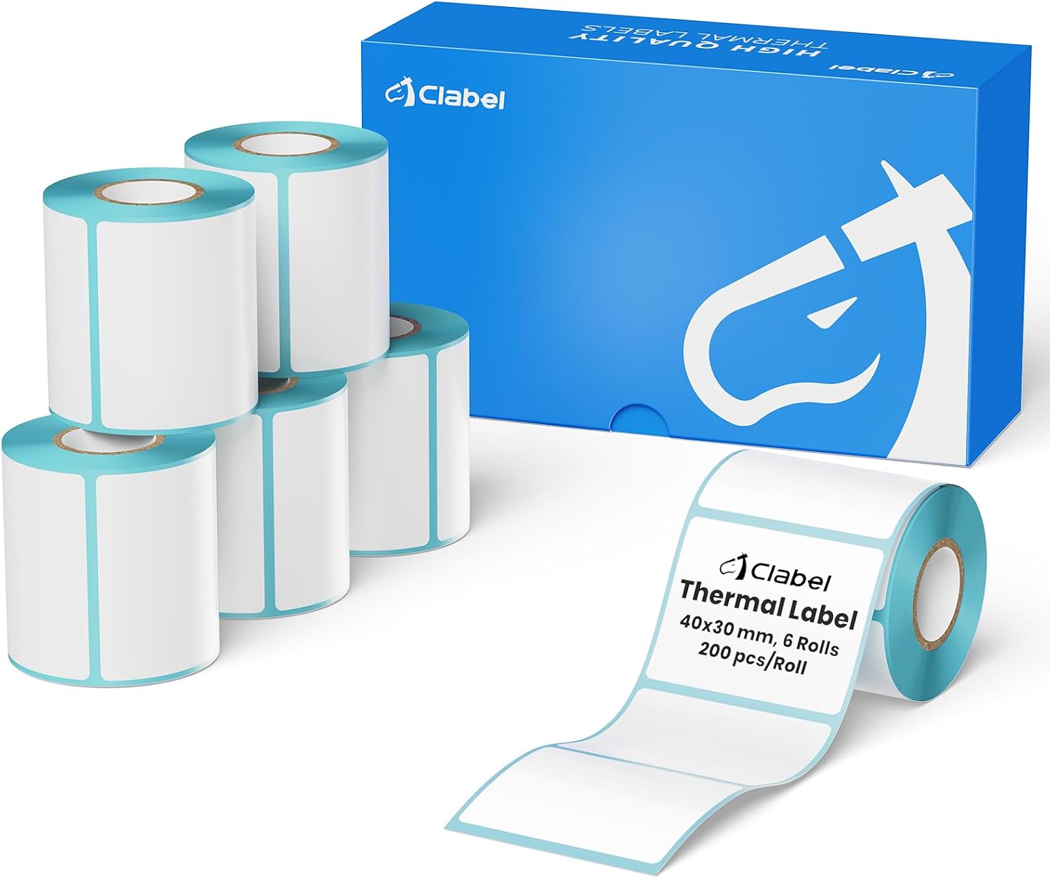 CLABEL 6 Rollen Weiß Etikettenband für 220B 221B 230B 320B Etikettendrucker selbstklebend Thermo Etiketten für Etikettiergerät Schriftbänder Ersatz geeignet für Haus Büro Schule (40 * 30mm)