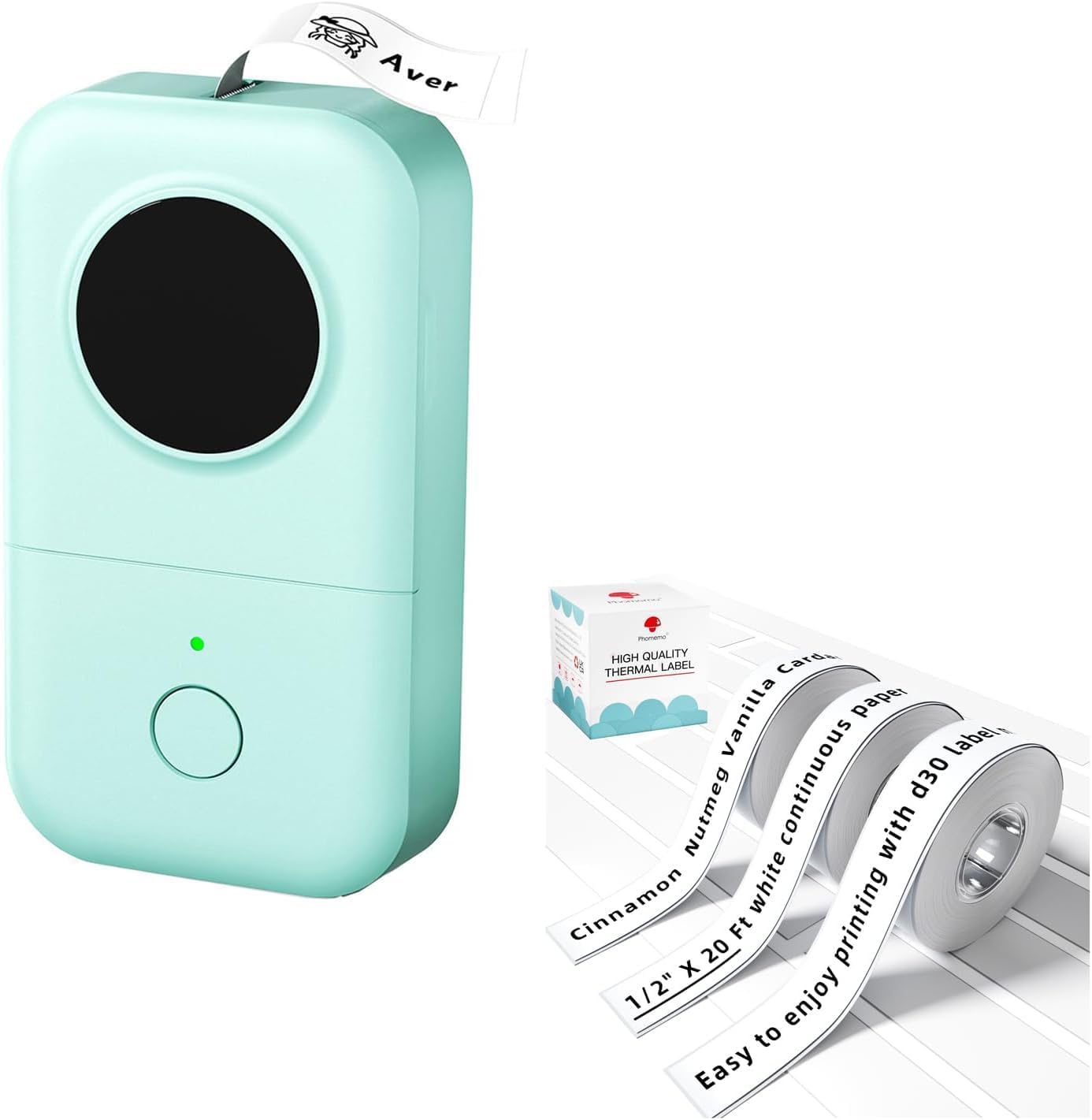 Phomemo D30 Etikettendrucker, Bluetooth Etikettiergerät für Büro, Schule, Zuhause, Küche, mit 3 Rollen Endlosetikettenpapier (15mm × 6m) und 1 Rolle weißen Etiketten(12mm × 40mm)