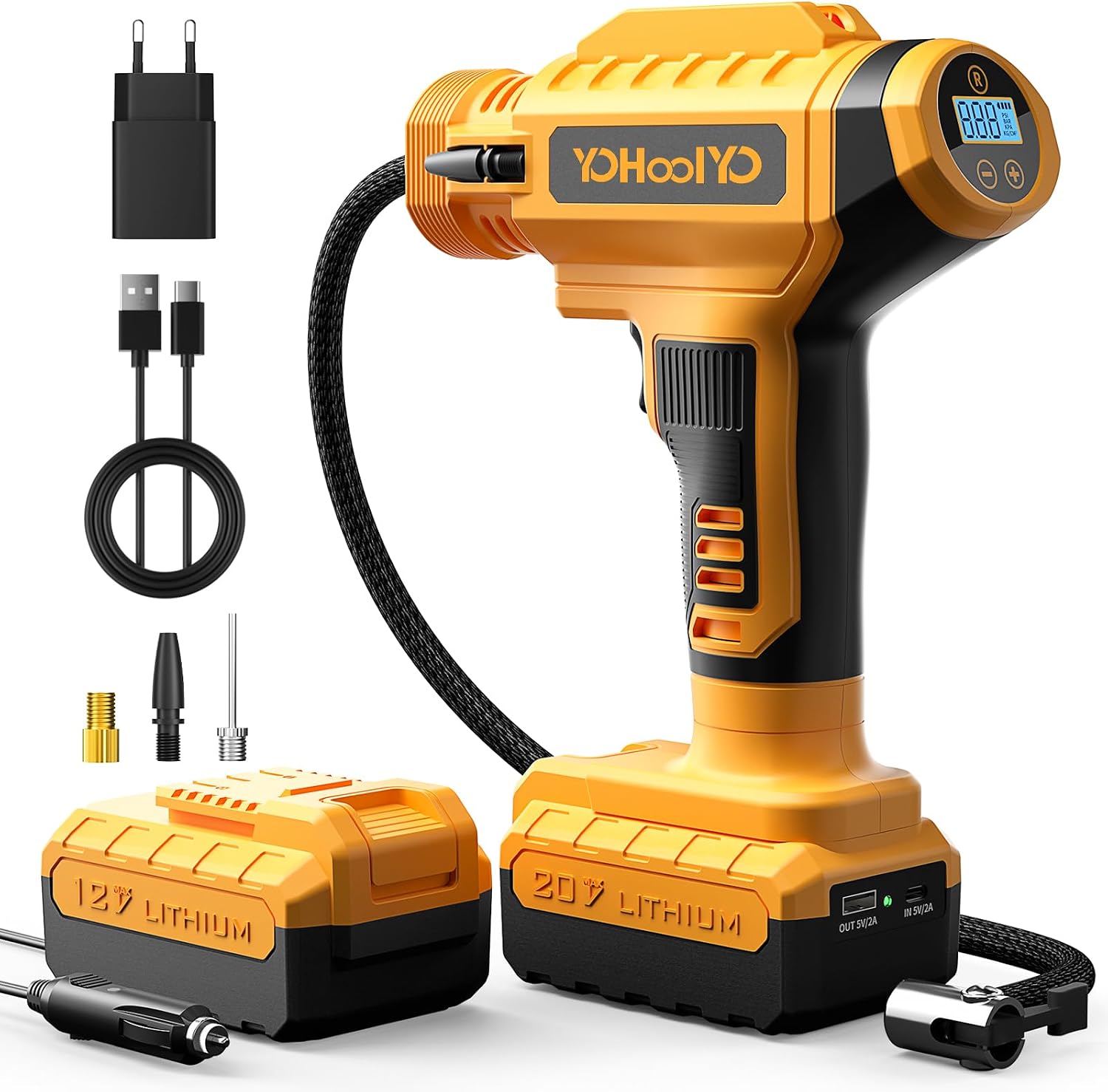 YOHOOLYO Luftpumpe Akku Kompressor Luftkompressor Handkompressor Tragbare Elektrische Luftpumpe AutoOff mit Akku und Auto Netzteil Max 150 PSI für Auto Motorrad und Fahrrad Gelb