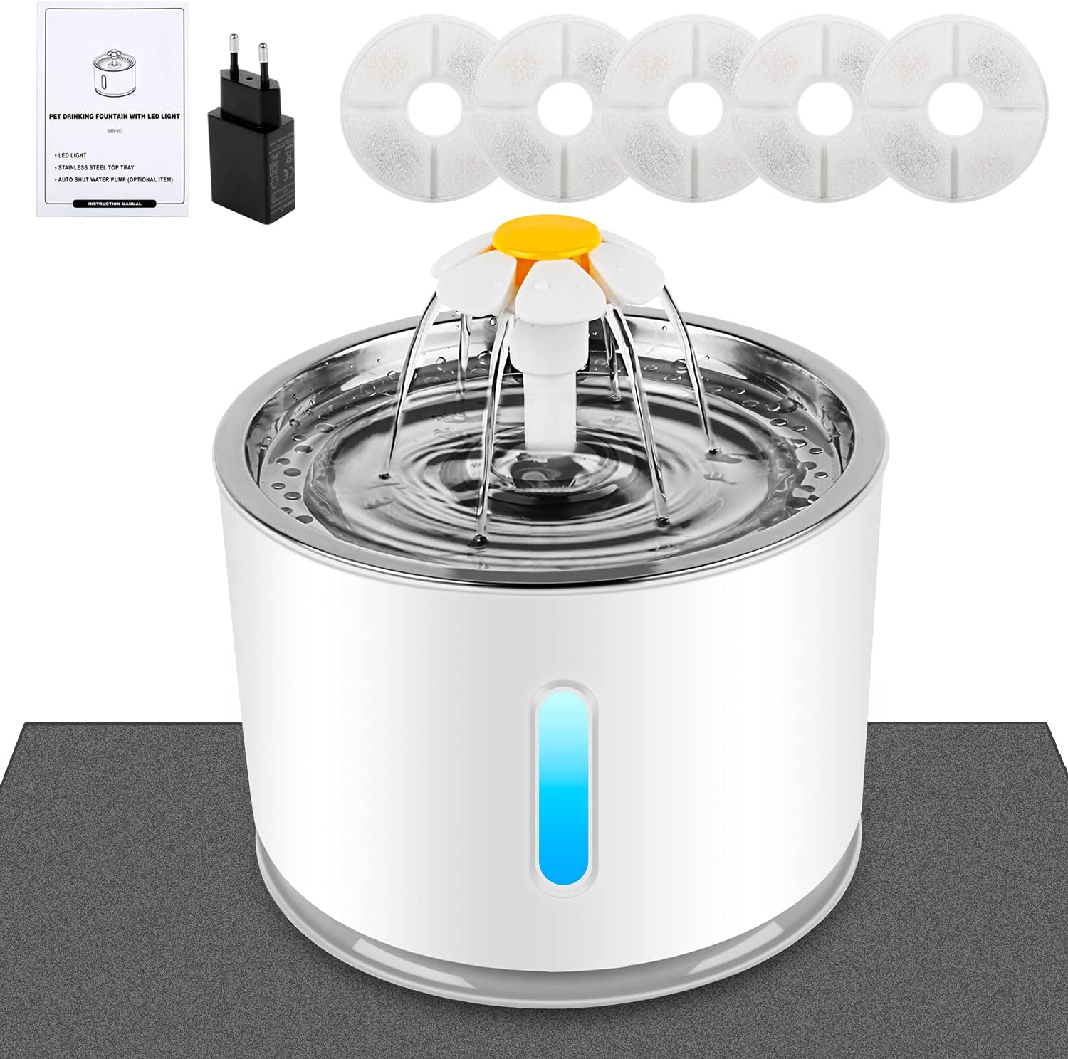 Katzen Trinkbrunnen,Haustierbrunnen mit Aktivkohlefilter Wasserstandsfenster, Leuchtende LED,2,4L Große Kapazität,3 Arten Brunnenwasserfluss Automatischer Katze Wasserspender für Hunde.