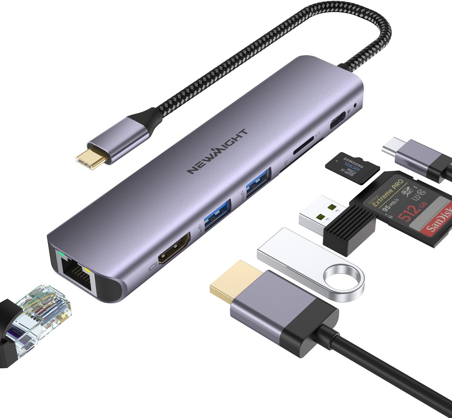 Newmight USB C Hub mit Ethernet,7 in 1 Typ C Adapter mit 4K HDIM, 2 USB 3.0, 1G Ethernet, 100W PD Port, SD/TF Kartenleser, für iPhone 15/MacBook/iPad/Dell/HP und Mehr