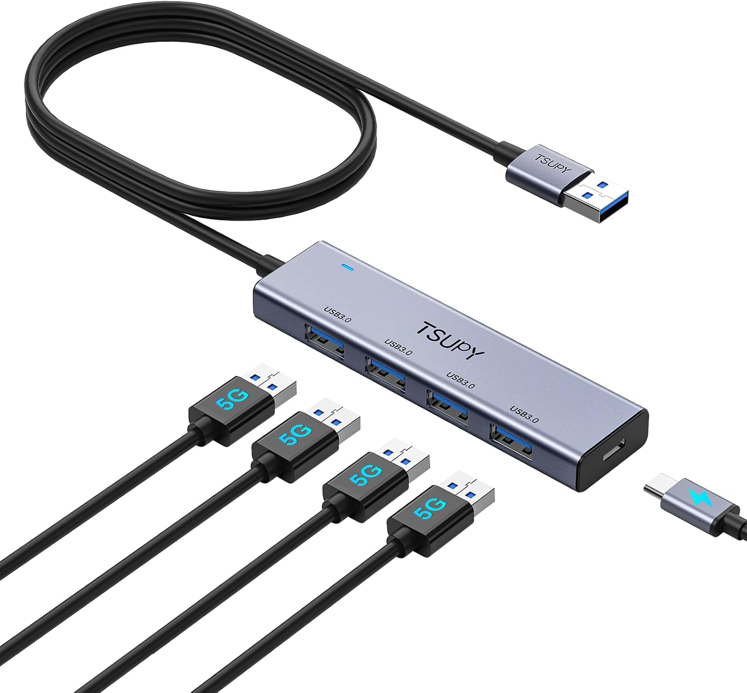 TSUPY USB Hub 3.2 Gen 2, 10Gbps USB Splitter mit 2*USB-C 3.2 und 2*USB-A 3.2 Ports, USB 3.2 Verteiler aus Aluminium mit 120cm Kabel für Laptops, Desktops PC, Xbox und Mac usw.