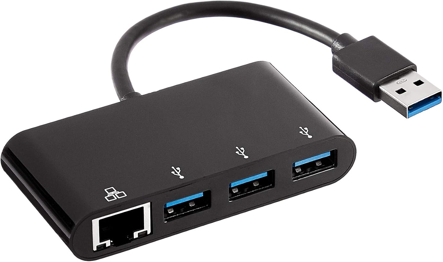 Amazon Basics USB-3.0-Adapter mit 3 x Ports und 1 x RJ45-Gigabit-Ethernet-Port, 3 USB A + 1 RJ45, Schwarz