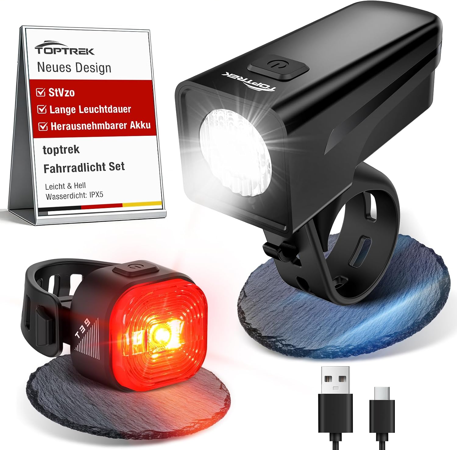 toptrek Fahrradlicht Set USB Aufladbar mit Austauschbarem Akku Design