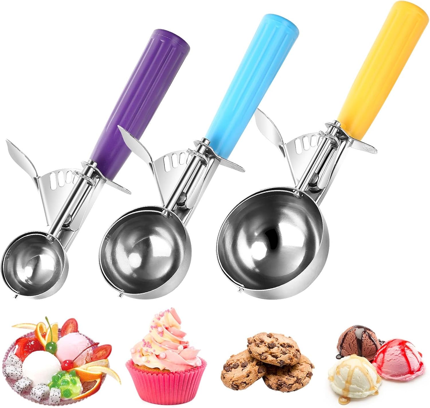 Eisportionierer mit Auslöser, Eisportionierer Edelstahl, Eislöffel Portionierer, eiskugelportionierer, Cookie Scoop Set 3 Stück (70mm+58mm+40mm)