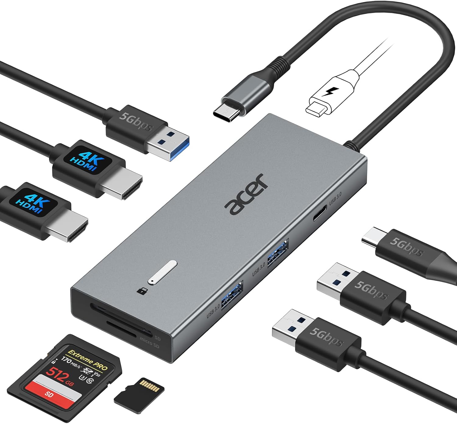 Acer USB C Docking Station Dual HDMI 4K@60Hz, 9IN1 mit 5Gbps Daten, 100W PD