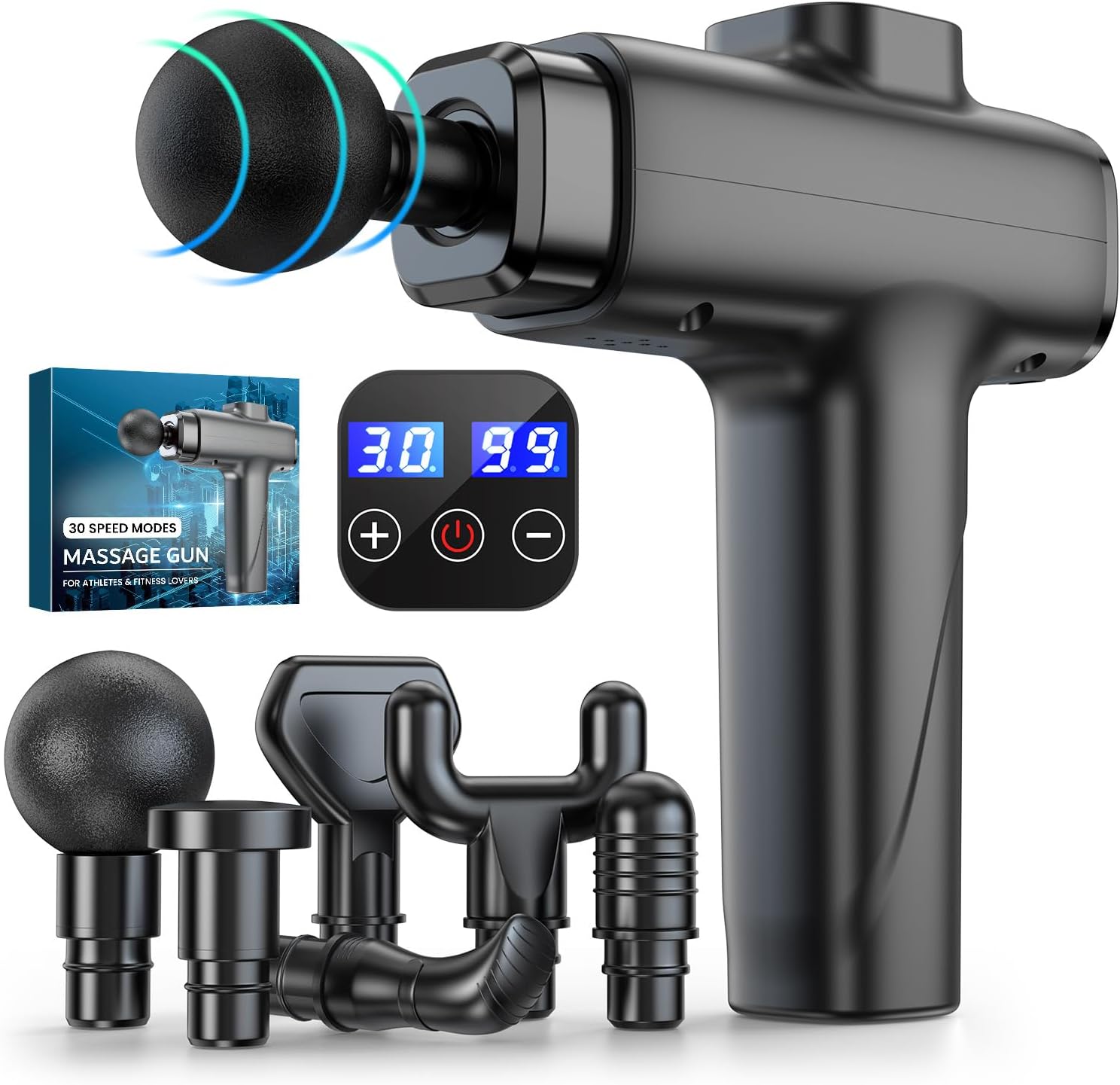 Massagepistole Massage Gun, Deep Tissue Muskel Massagegerät mit 30 Geschwindigkeiten und 6 Massageköpfen, Elektrische Handmassagegeräte Faszienpistole für Nacken Schulter Rücken Tiefen