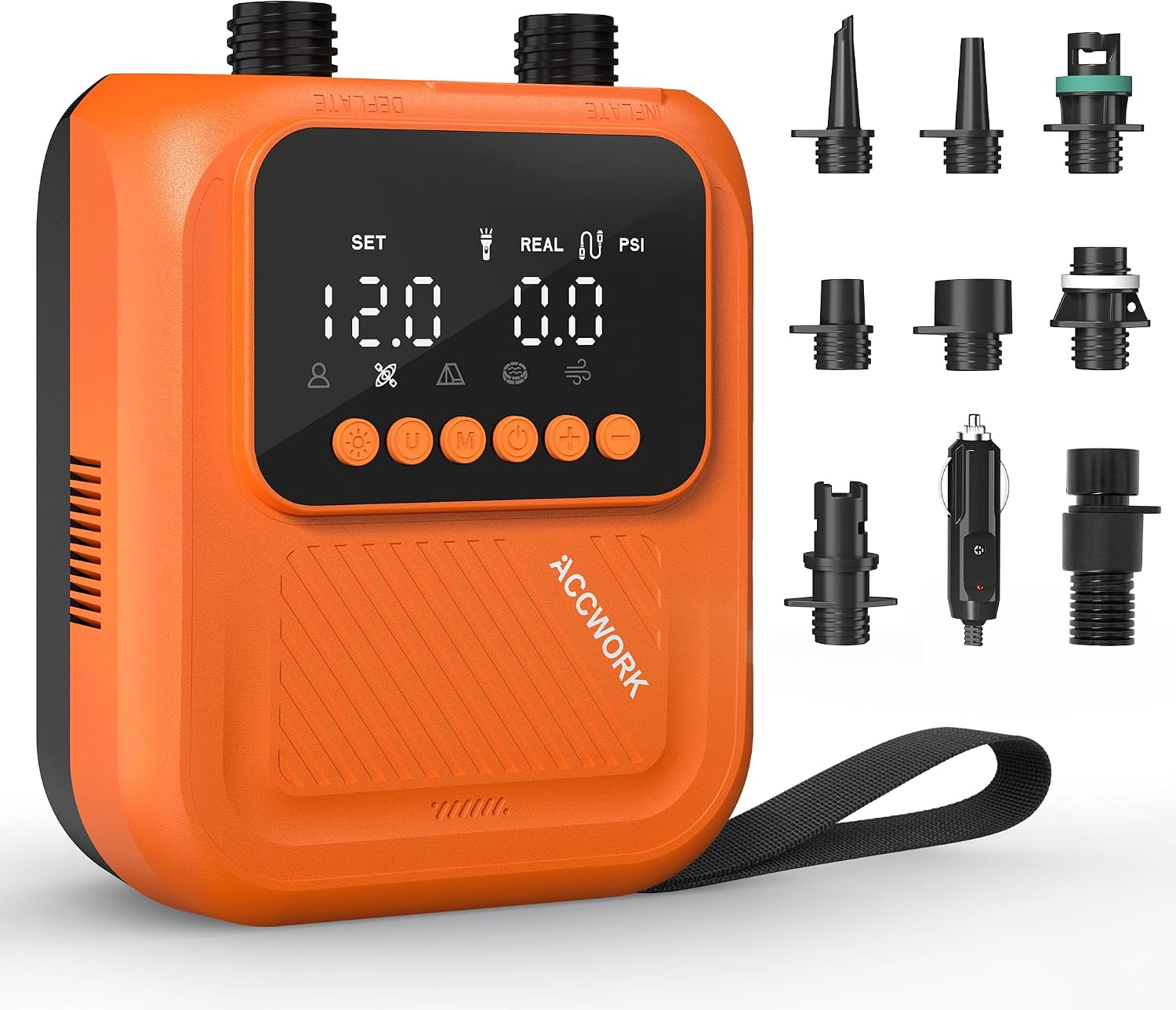 Accwork Elektrische SUP Pumpe 20 PSI ohne Akku, 12V DC Autoanschluss, Auto-Stopp, 2-stufiges Aufpumpen und Entlüften, 7 Adapter, Tasche für Paddle Board,Kajak,Schlauchboot,Camping-Zelt,Luftmatratze