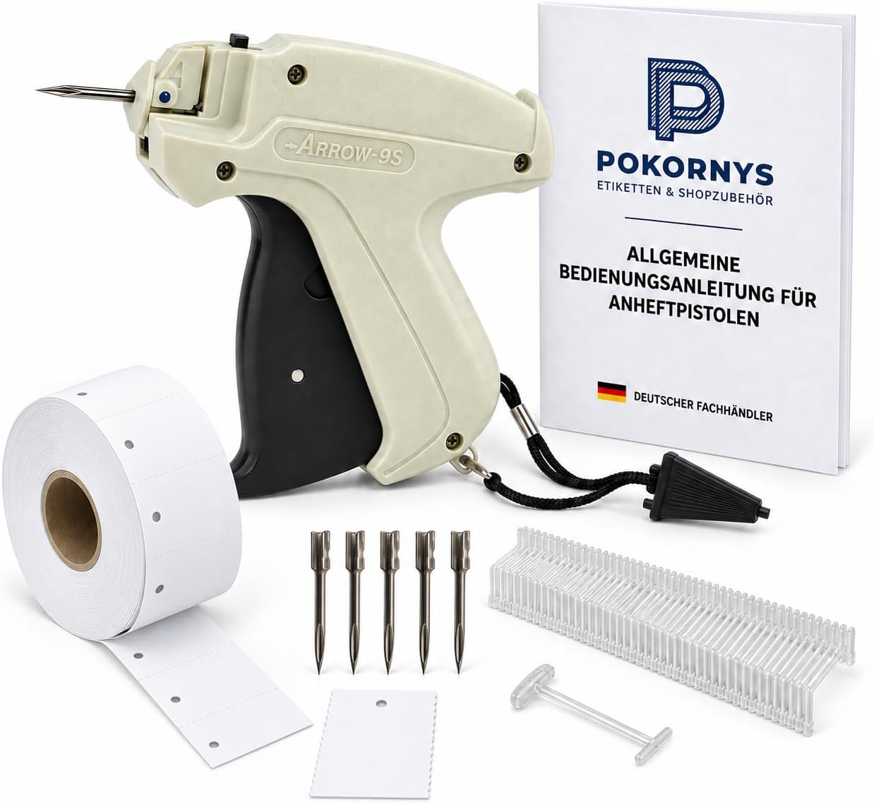Pokornys - Etikettierpistole Arrow 9S Standard - im Set mit 5 Ersatznadeln & 1.000 Heftfäden Standard 40mm & 1.000 Kartonetiketten 30x45mm I Etikettiergerät zur Befestigung von Etiketten an Textilien
