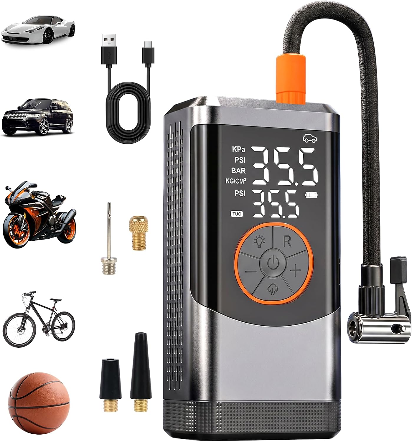 LIGBT Elektrische Luftpumpe Akku Mini Kompressor für Autoreifen 150 PSI mit Digitale Anzeige, Aku Fahrradpumpe für Auto, Motorrad, Bälle, mit Auto-Stopp, Manometer, LED-Licht & Powerbank