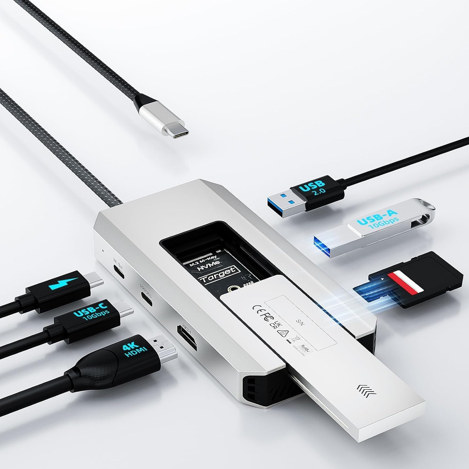 WAVLINK USB-C-Hub, 10-Gbit/s USB-C-Hub mit M.2 PCIe/SATA SSD-Anschluss, HDMI, 100-W-PD, USB-A&C 3.2/2.0, SD&TF, kompatibel mit MacBook/Chromebook/Dell/HP/Lenovo