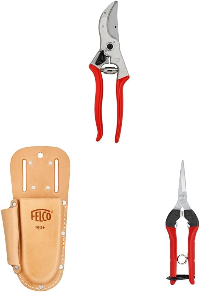 FELCO 2 Gartenschere mit Lederholster 910+ und Leseschere 322 – Kräftiges Set für Garten- und Obstbaumschnitt