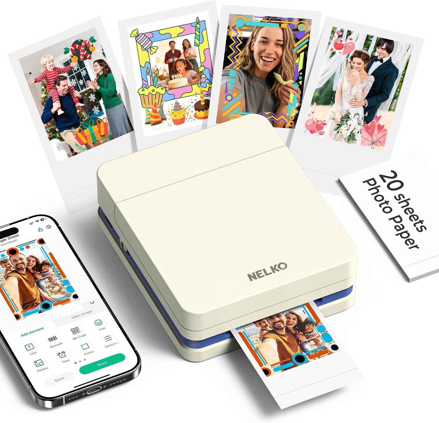 Nelko Fotodrucker für Smartphone, PP01 Mini Fotodrucker, 20 Blatt, Weiß