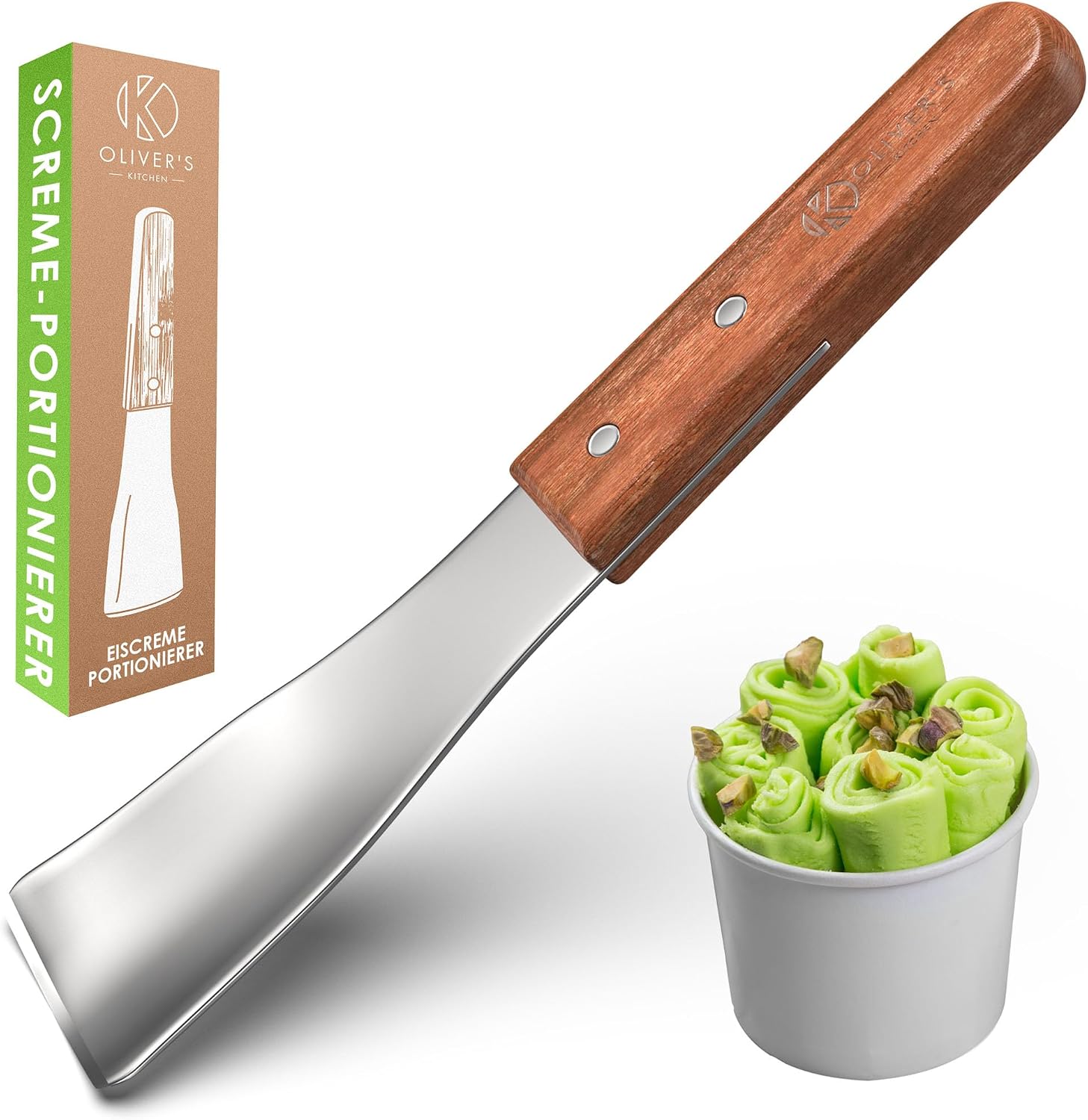 Oliver's Kitchen ® Eisportionierer | Erstelle 'Instagram-würdige' Desserts zu Hause | Premium-Qualität Eispspachtel mit stilvollem, ergonomischem Holzgriff