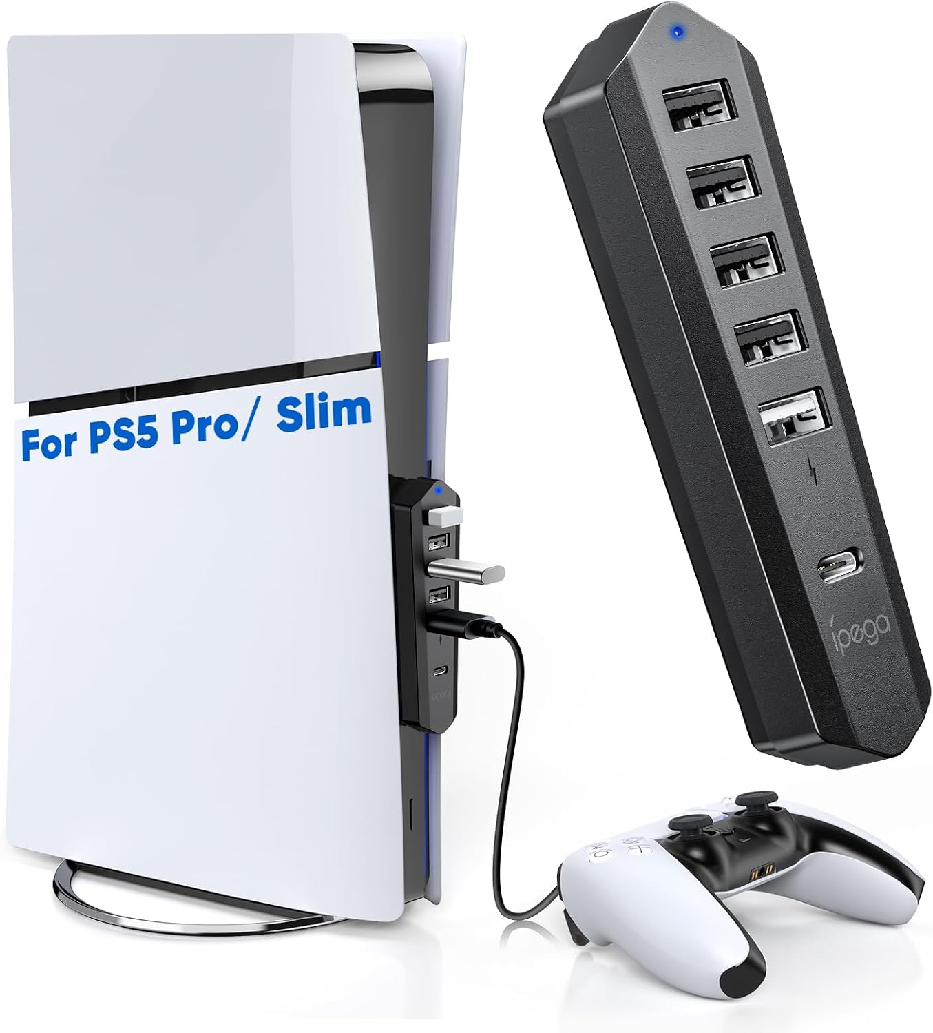 Auarte USB Hub für PlayStation 5 Pro/Slim Console, 1 Typ C 3.1 Anschluss, 4 USB 2.0 Anschlüsse, 1 USB Ladeanschluss Kompatibel PS5 Pro/Slim Zubehör