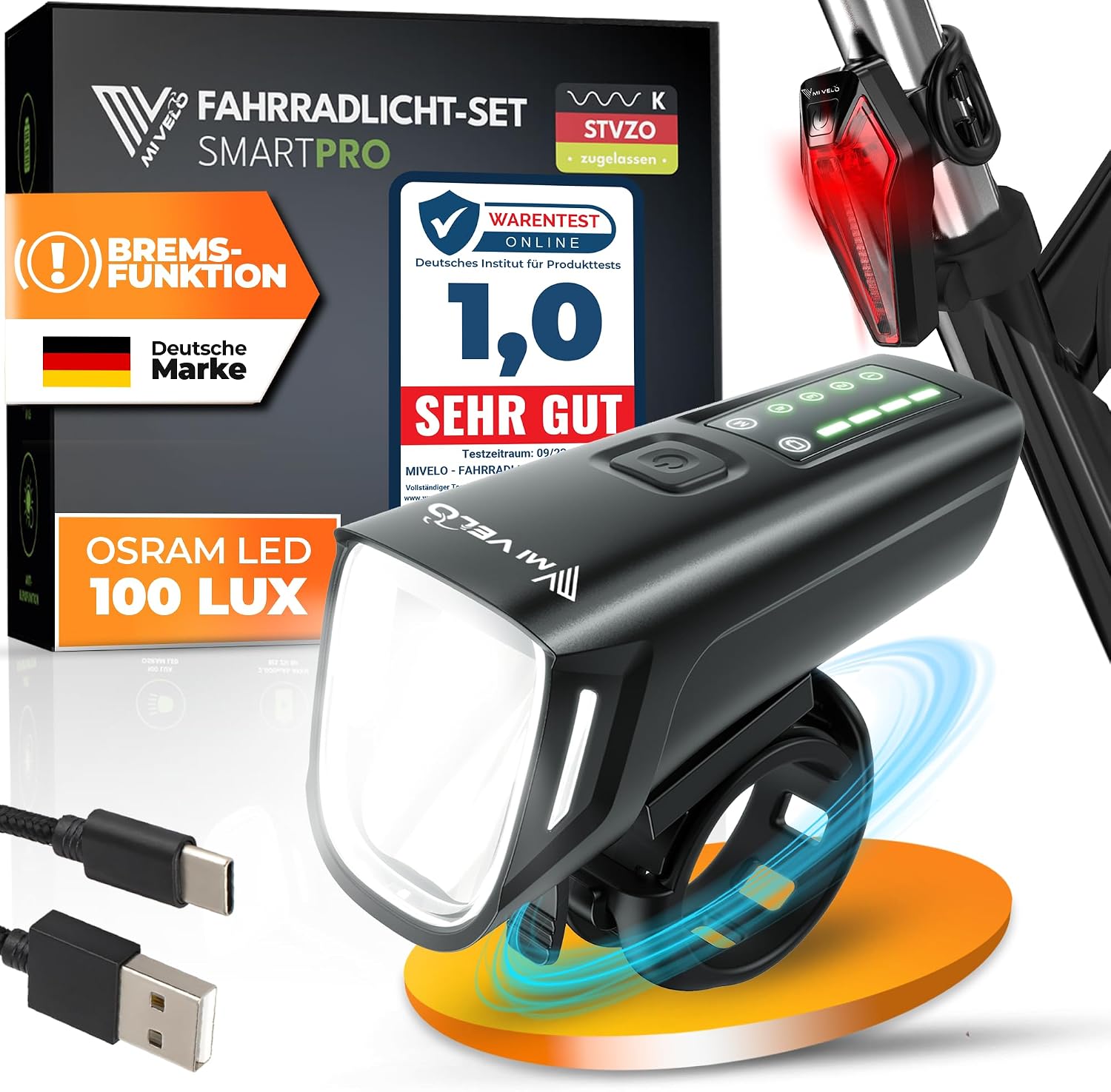 MIVELO SMART Fahrradlicht Set 100LUX, 2000mAh Power-Akku, Auto-Sensor, StVZO zugelassen, USB aufladbar & wasserdicht, Fahrradlampe vorne & Fahrrad Rücklicht, LED Fahrradbeleuchtung