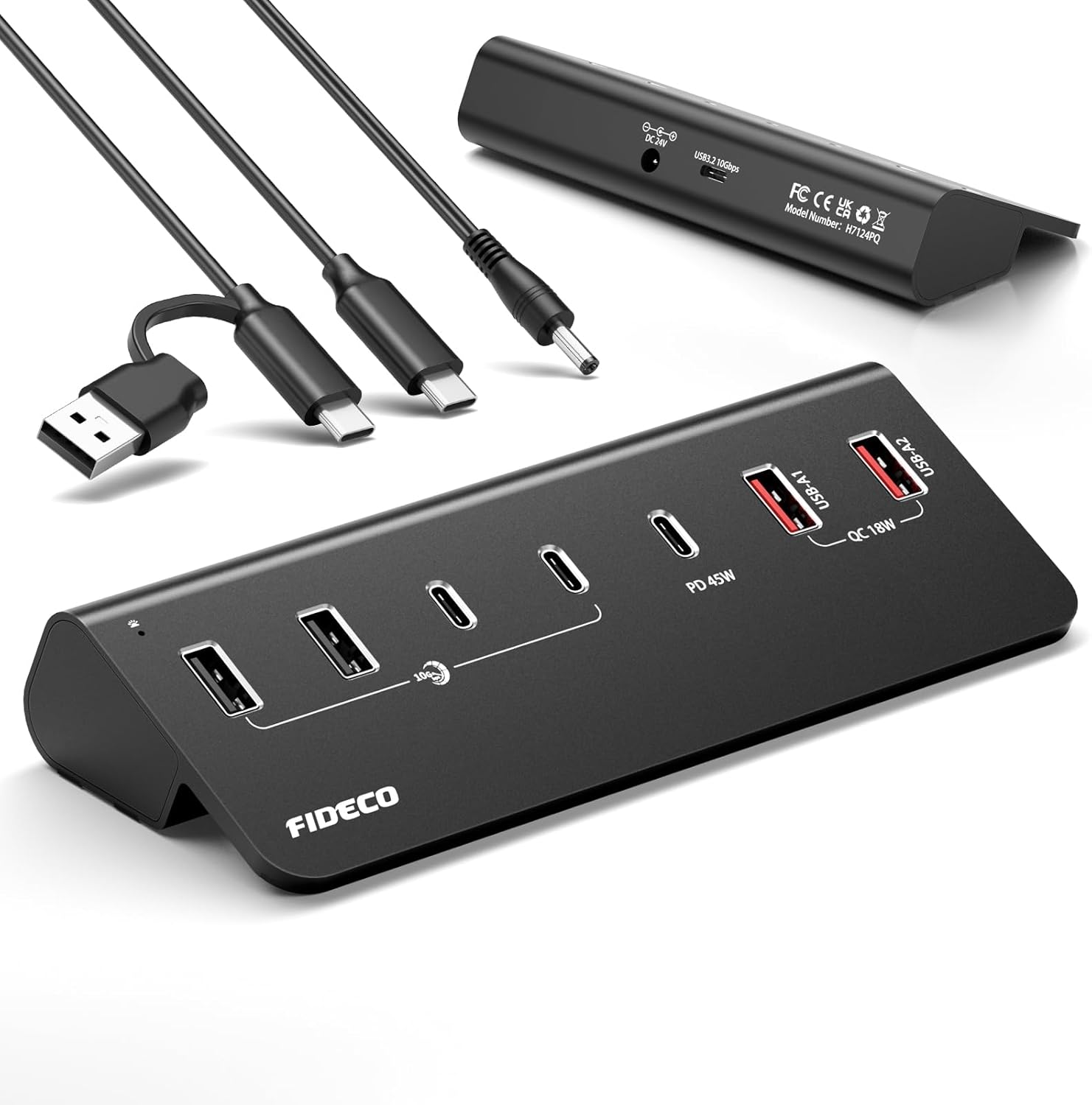 FIDECO 7-Ports 72W USB Hub mit Netzteil, USB Hub Aktiv mit 1 PD 45W, 2 QC 3.0 Charging Port und 4 USB 3.2 10Gbps Ports (2 USB A+2 USB C), Aluminium für Laptop, PC, MacBook, iPhone 17/16/15