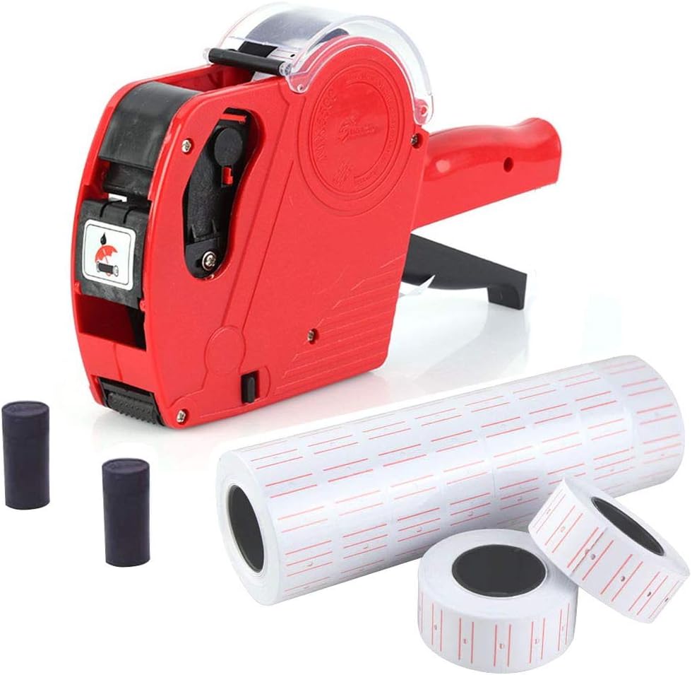 JZK Preisauszeichner 1 Linie 8 Zeichen Einzelhandel Preisschild Pistole Kit mit 10 Rollen Etikett und 2 Tintenpatronen, rot