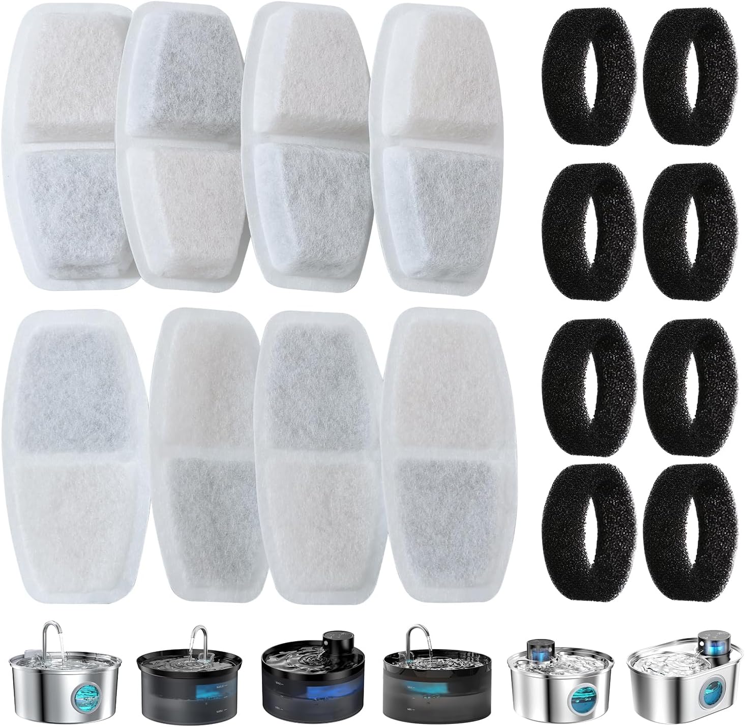 Katzenwasserbrunnen 16 PCS und 8 Kohlefilter + 8 Schwämme, Katzenwasserbrunnenfilter mit dreifacher Filtration, Katzenwasserspenderfilter erfüllt 4-7 Monate Ersatzbedarf, kein Kunststoff