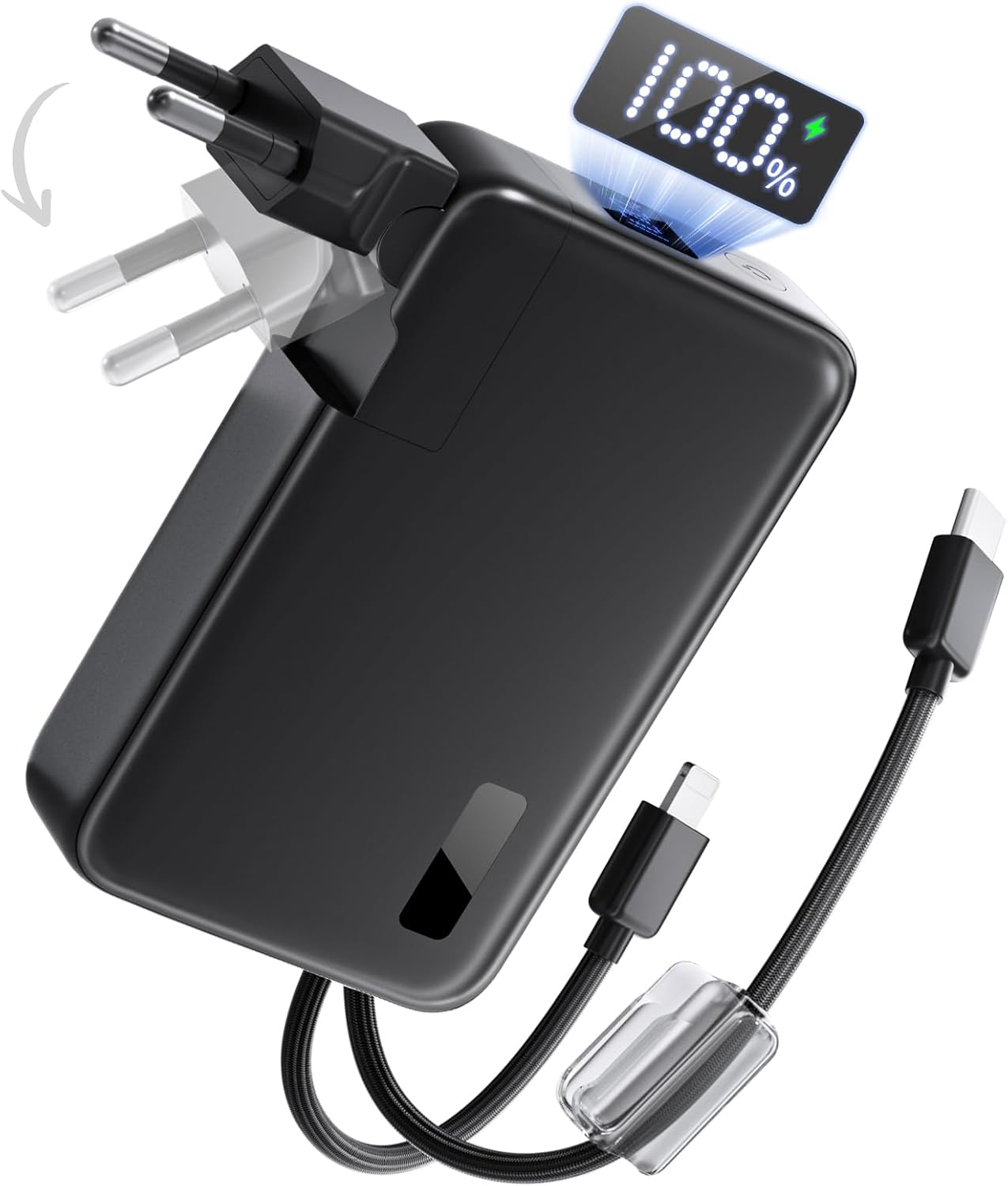 Power Bank 10000mAh, Powerbank für iPhone Klapp-EU-Stecker, USB-C+iOS-Kabel