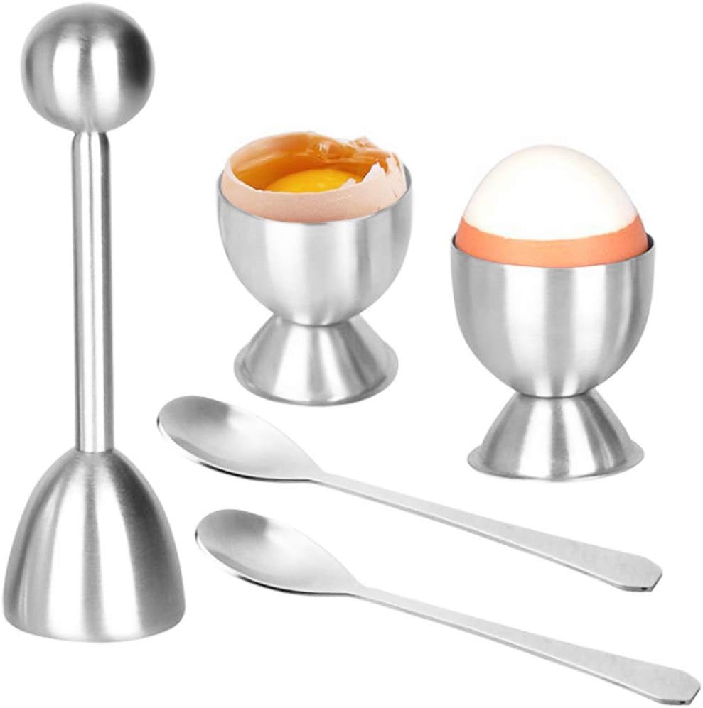 Eierschneider-Set aus Edelstahl mit Löffeln und Bechern für hart und weich gekochte Eier