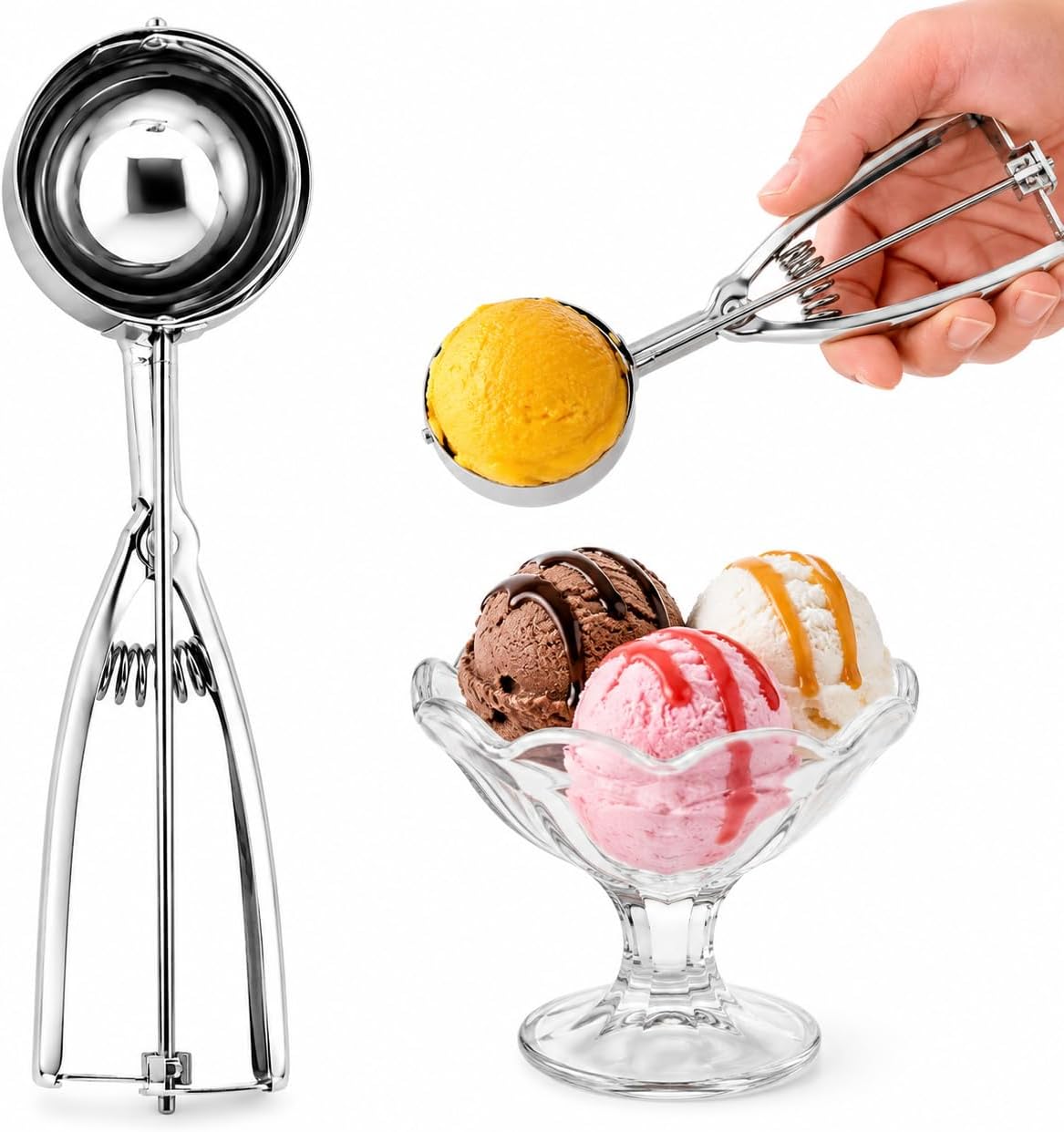 Eisportionierer aus Stahl - Kugelschneider für Eiscreme (Typ 1 mit sichtbarer Feder)