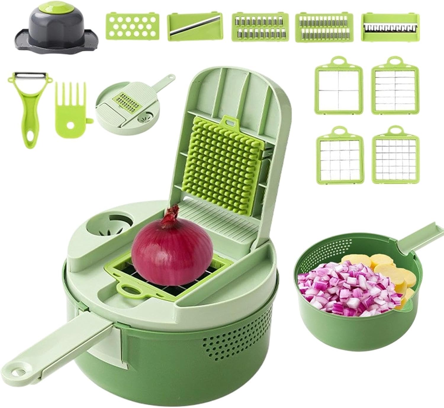 Gemuesehobel - Inklusive Abtropfbecken Vielseitiger Kuechenhelfer Zubehoer, Schnell Zwiebel Schneider, Universal Tomatenschneider Schneider | Kompaktes Haushaltsgeraet Kochen Kuechenzubehoer