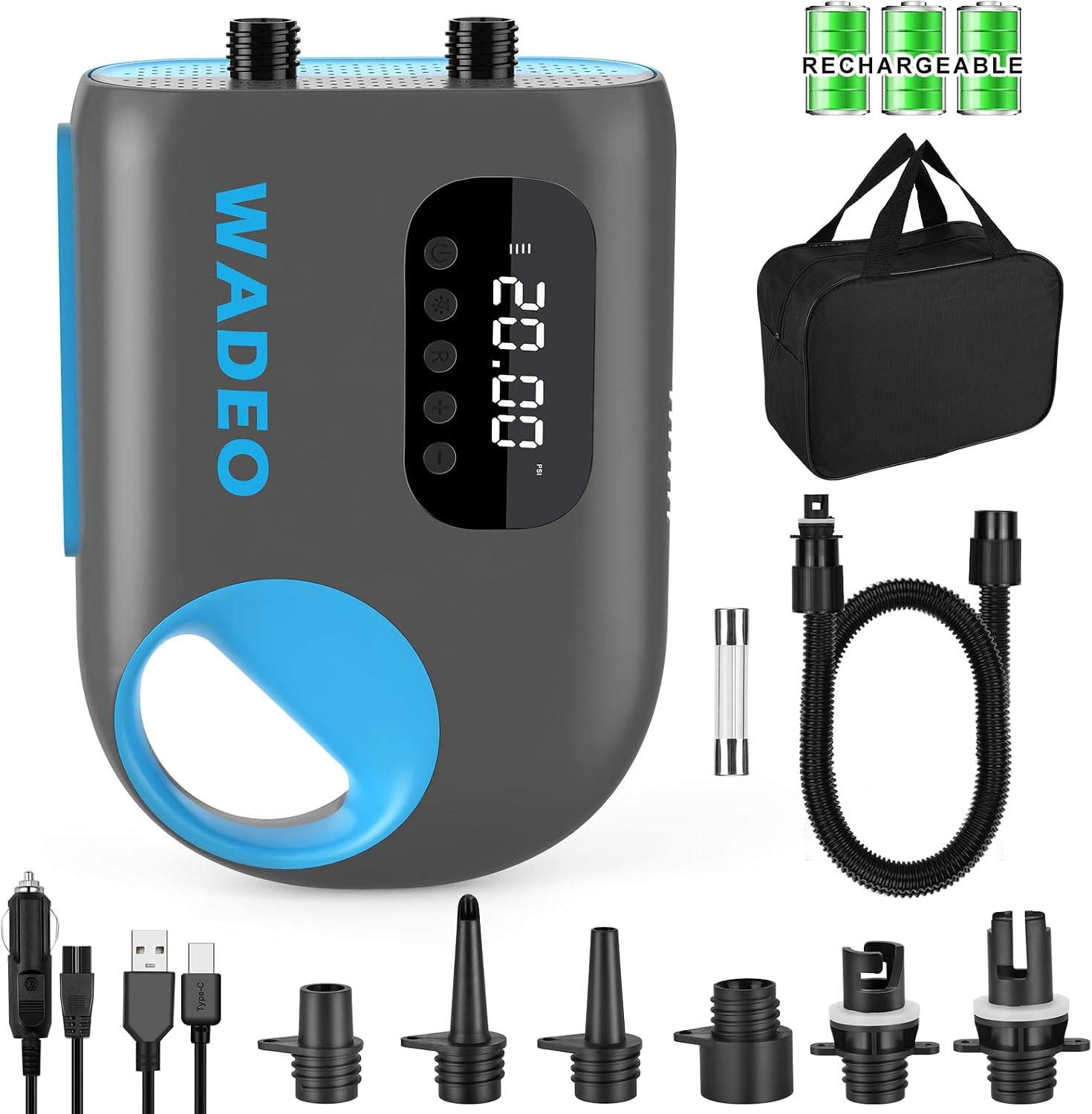 WADEO SUP Pumpe elektrisch [18000mAh], 20 PSI Hochdruck SUP Luftpumpe Akku mit LED-Licht, 110 V AC/12 V DC Schnellladung, Auto-Off für Stand Up Paddle Boards, Boote, Kajak, Matratze - Ink.Tragetasche