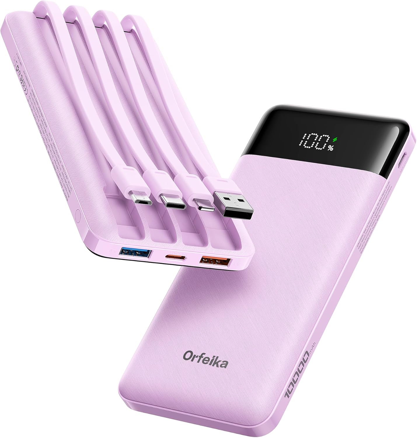 Orfeika Power Bank 10000mAh, Powerbank mit 4 integrierten Kabeln