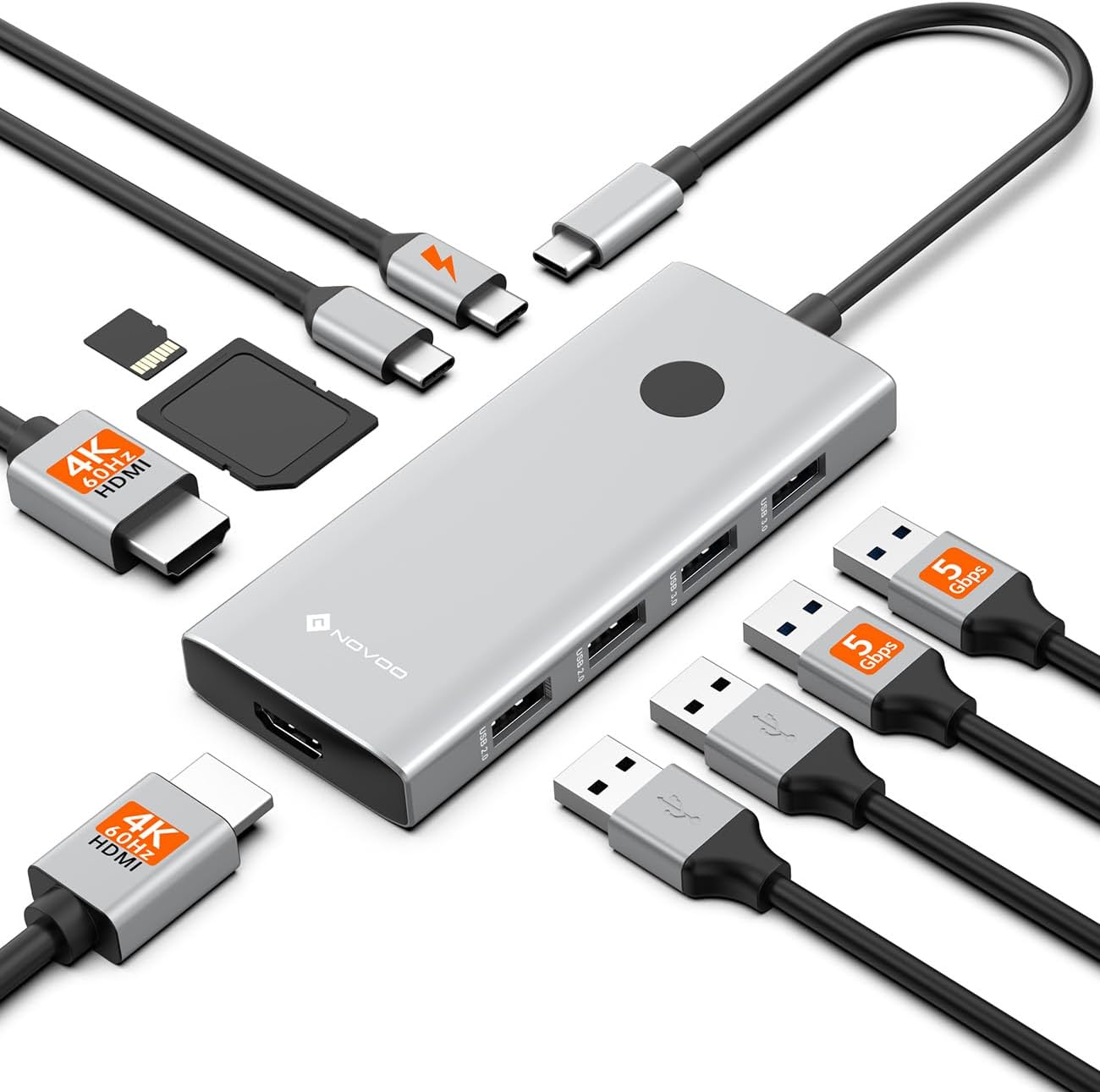 NOVOO 10-in-1 USB C Docking Station Dual Monitor, Typ C Hub mit 2 HDMI 4K@60Hz, 100W PD, 5Gbps USB-C & USB 3.0 Datentransfer, SD/TF, 30cm Kabel Multiport Adapter für MacBook, Dell, HP, Lenovo