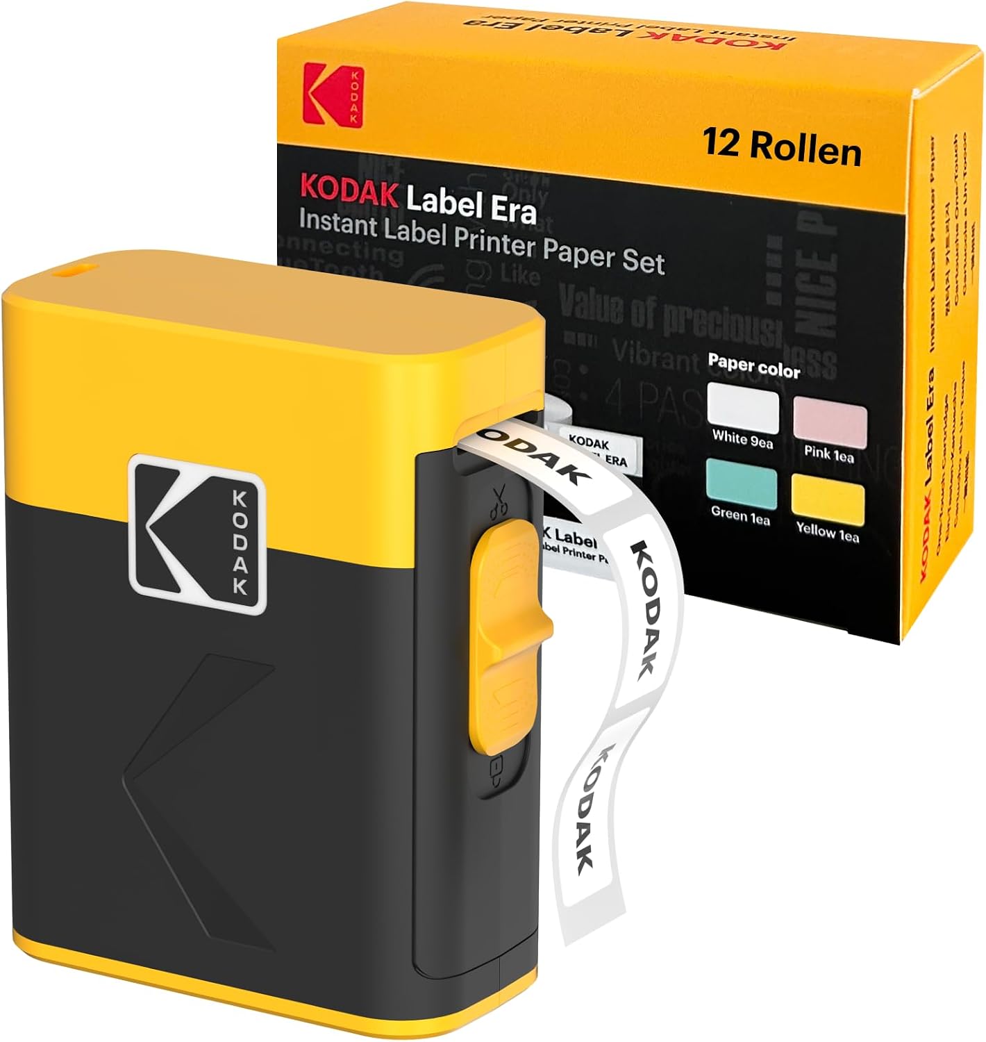 KODAK Label ERA M50 Etikettendruckmaschine, Gelb (Etikettendrucker mit 1 Rolle Aufkleber + 12 Rollen Set, Weiß 9 Rollen, Pink/Grün/Gelb je 1 Rolle)