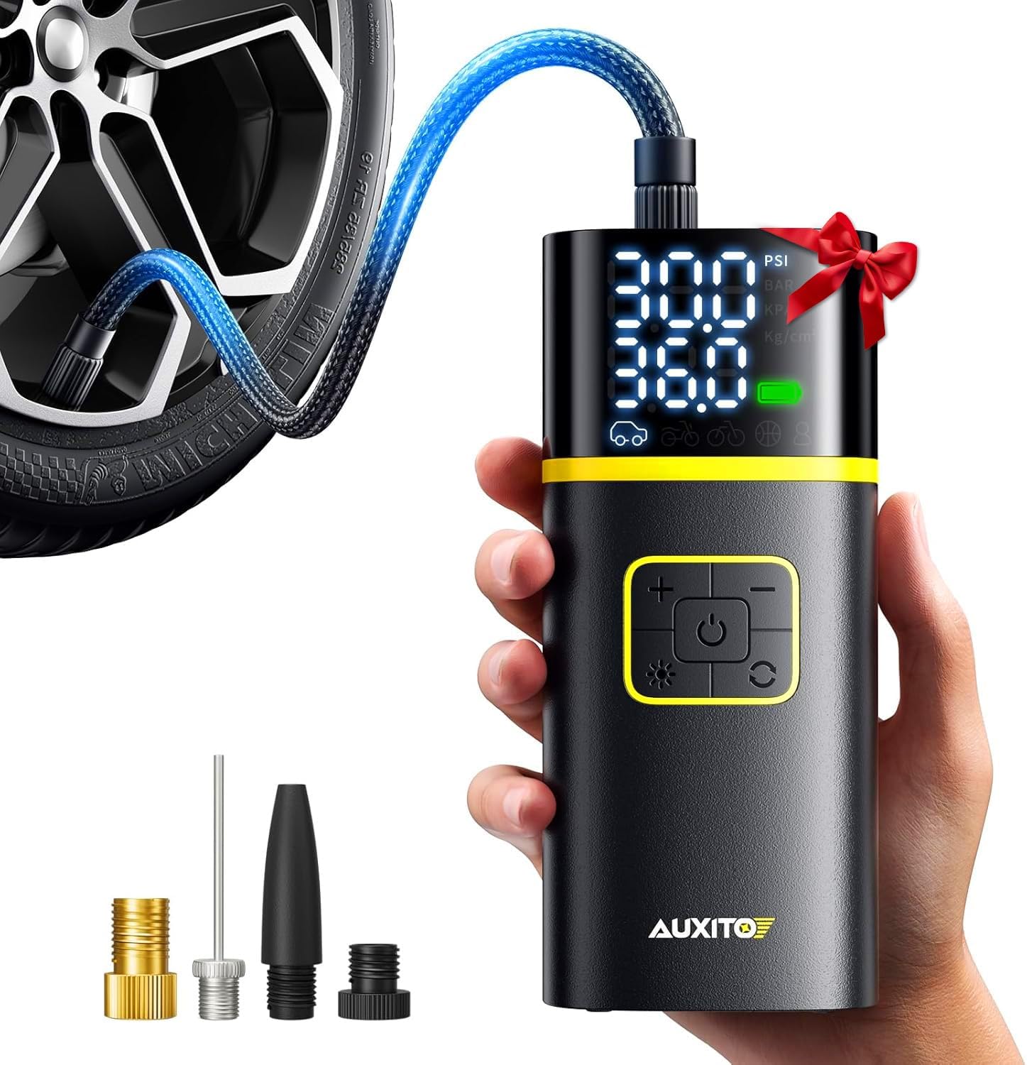 AUXITO Mini Fahrradpumpe Elektrisch mit Manometer,120PSI Akku Fahrradpumpe alle Ventile(Presta&Schrader),20-Sek.-Inflation,Auto Stopp,Luftpumpe Fahrrad für Rennrad,Mountainbike,E-Bike,Motorrad