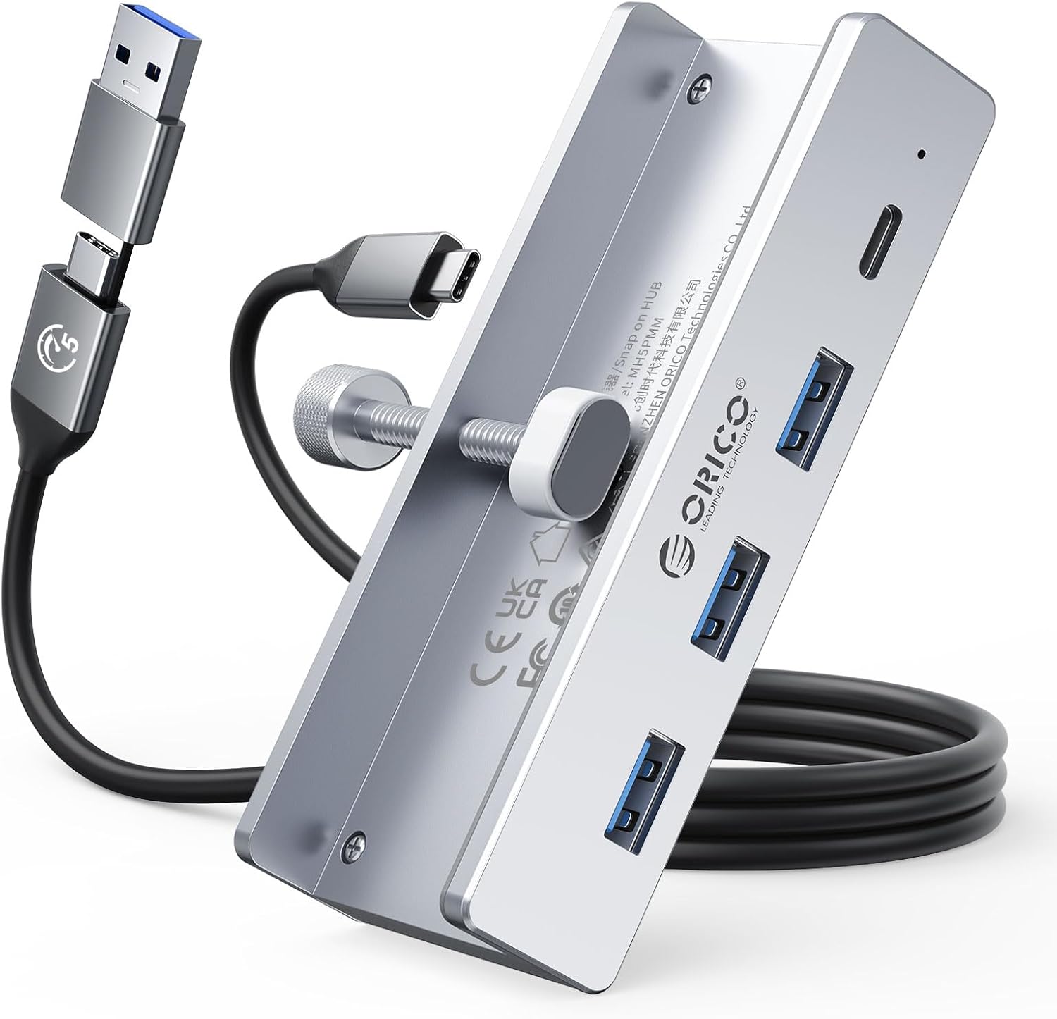 ORICO USB Hub, Aluminum USB 3.0 Hub Clip mit 5V Stromversorgungsanschluss, 5Gbps 4 Port USB Verteiler mit 3 Typ-A 3.0 und 1 Typ-C 3.0, 100cm Kabel (C auf A/C), für Monitoren, Schreibtischen