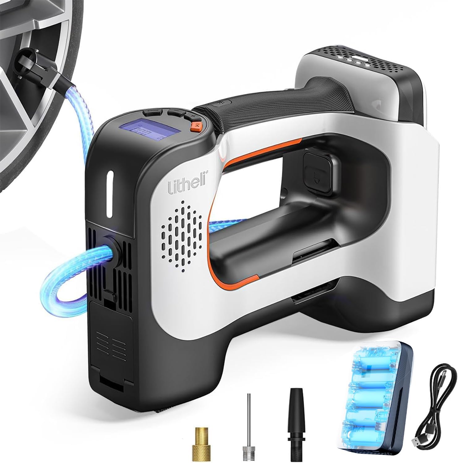 Litheli Elektrische Luftpumpe, Tragbare Akku Luftpumpe mit 10000 mAh Akku Digitalanzeige und LED Akku Kompressor, für Autos Motorräder Fahrräder Bälle