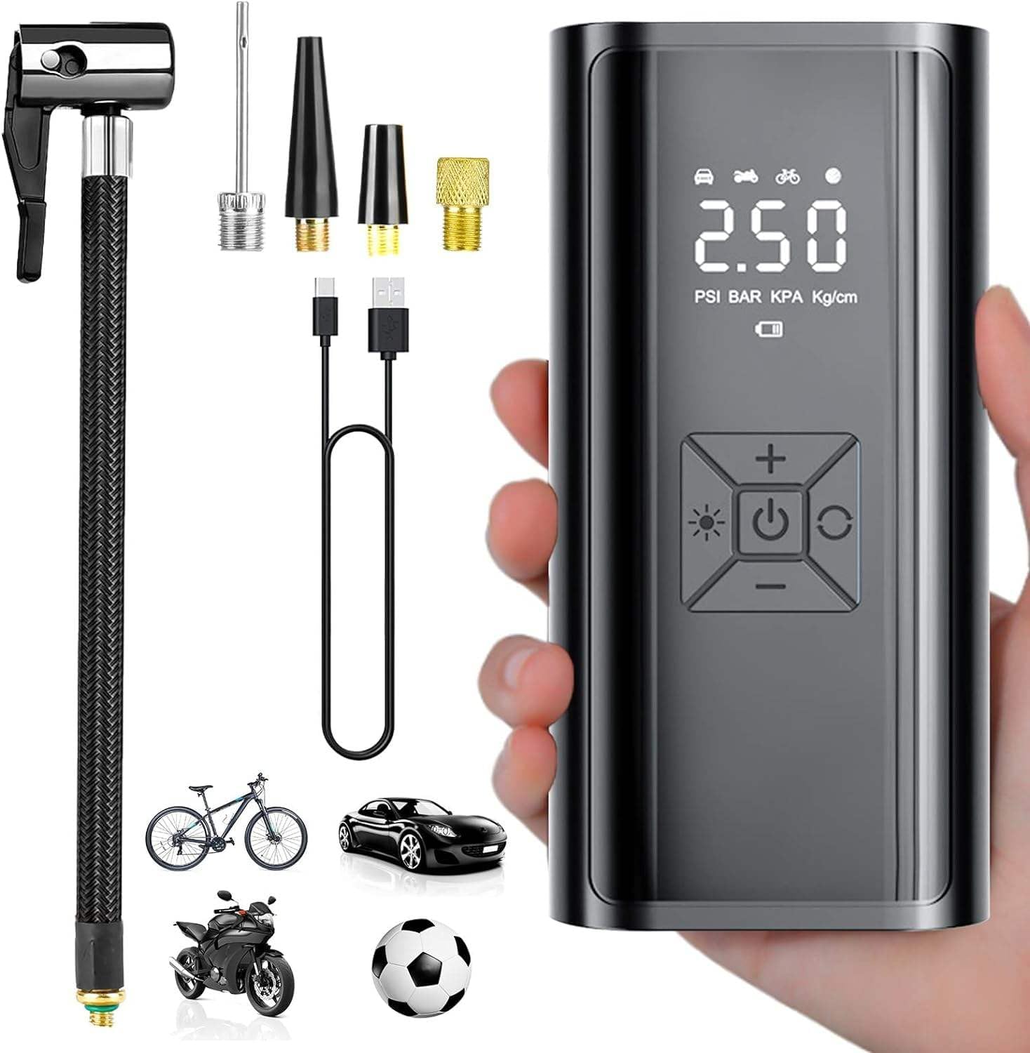 Elektrische 150PSI / 10Bar Mini Luftpumpe Tragbarer Luftkompressor Reifenpumpe 4000mAh Akku Wiederaufladbarer Elektrischer Kompressor Fahrradpumpe für Auto Fahrrad Motorrad Bälle, USB-Powerbank
