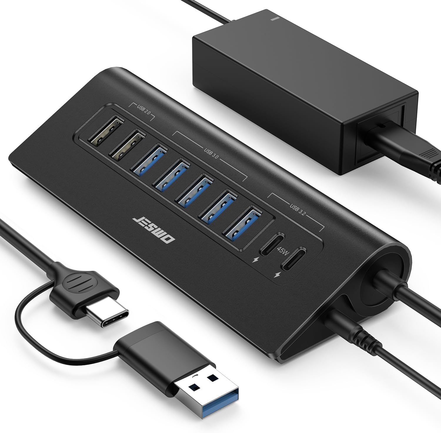 65W USB C Hub mit Netzteil, JESWO 9 Ports USB 3.2 Hub Aktiv 10Gbps USB A+C