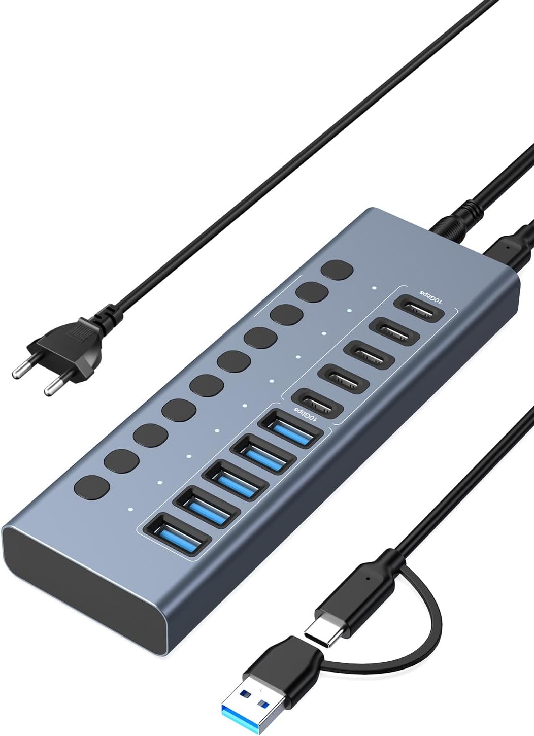 ACASIS HB10PRO USB 3.2 Hub 10Gbps,5 USB-A & 5 USB-C, 48-W-Netzadapter Alu