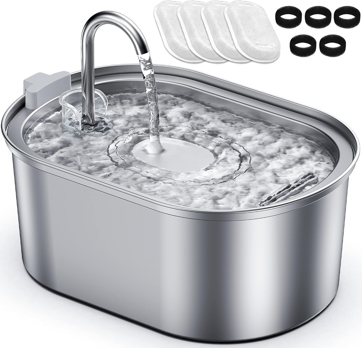Katzenbrunnen Edelstahl 3,2 L, mit 4 Filtern & 5 Schaumstoffpads